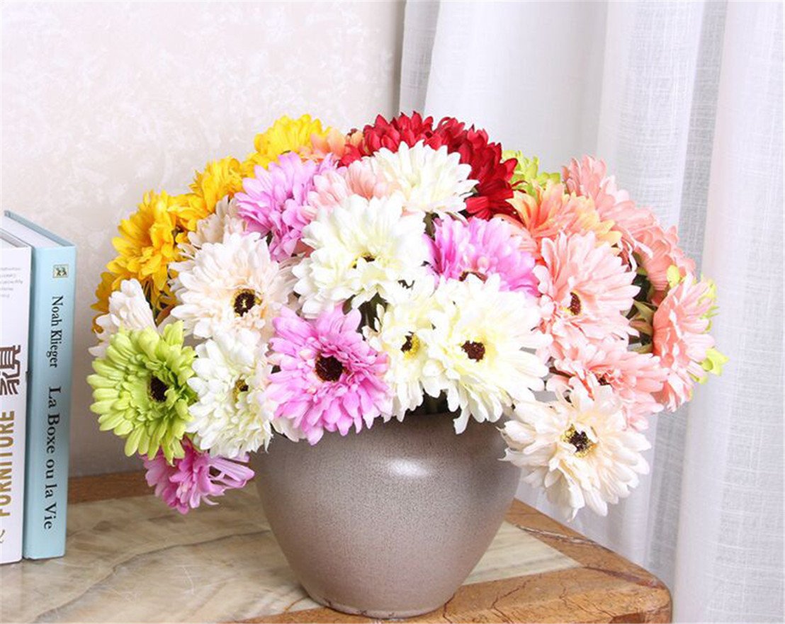 10 Pack Artificial Silk Barberton Daisy Flowers - Red Fake Flowers for Home Decor, Living Room, Table Centerpiece | Perfect for Weddings, Parties & DIY Floral Arrangements