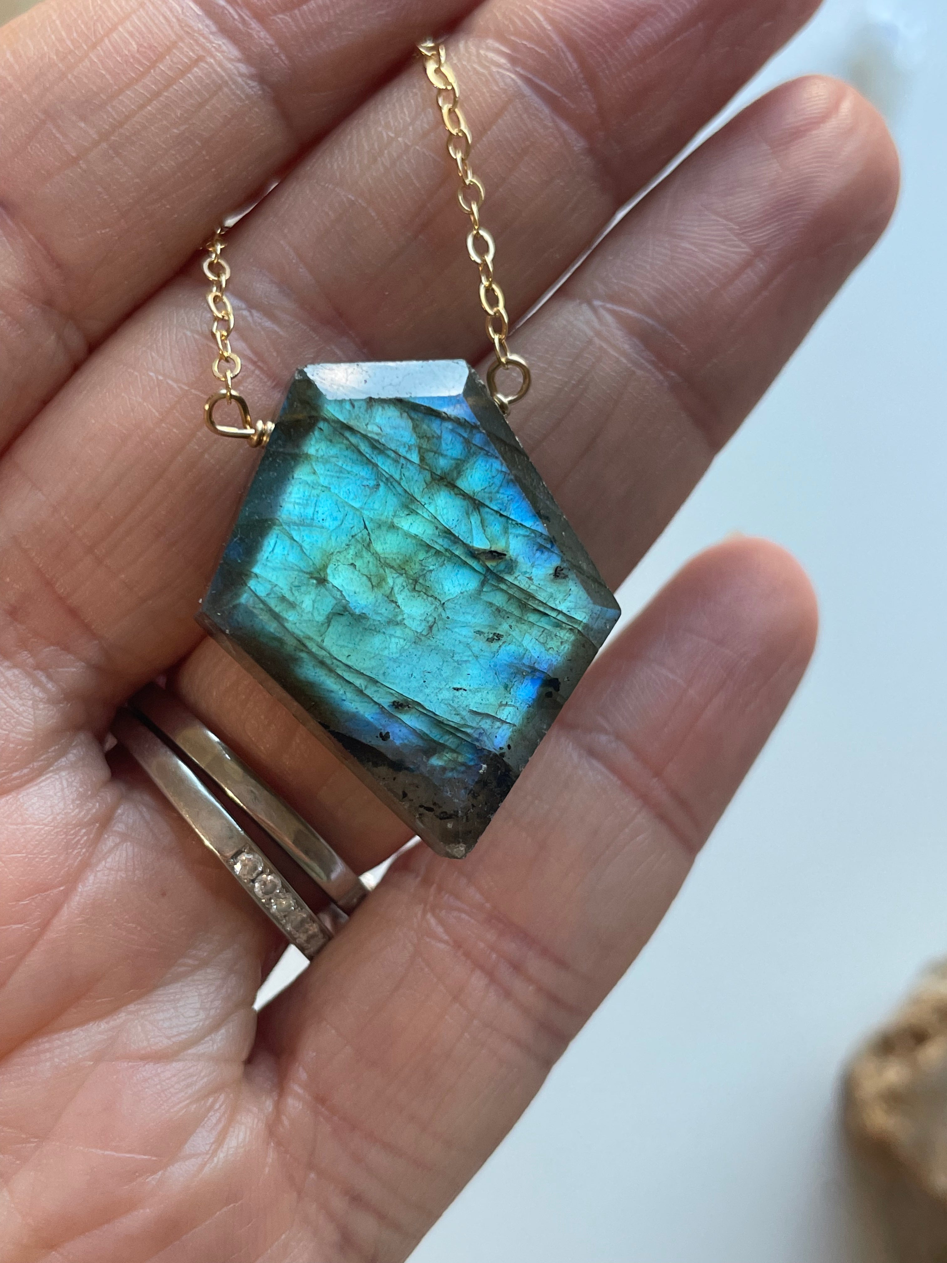 Large Labradorite Shield Necklace in Gold Fill - Elegant Crystal Jewelry for Women, Perfect for Boho Style & Spiritual Healing