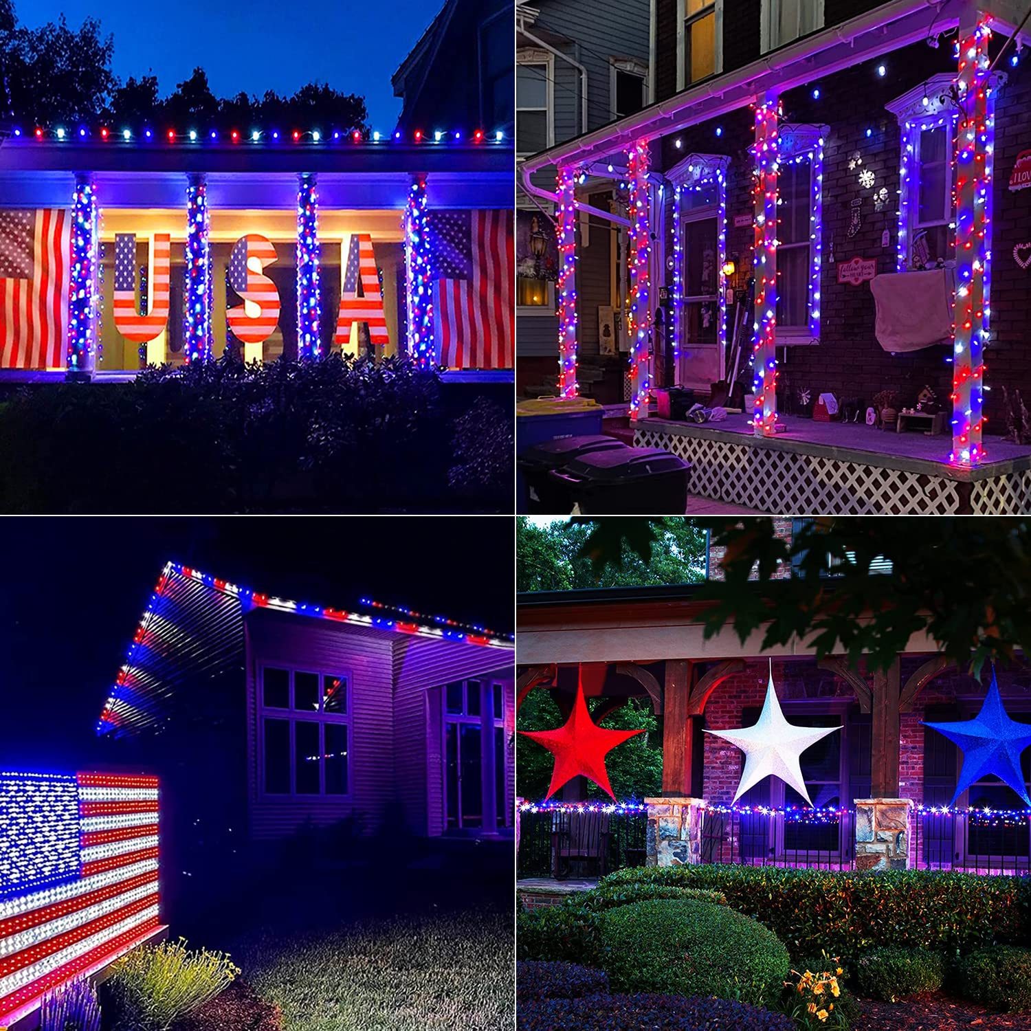 JMEXSUSS 2 Pack 100 LED Red White Blue Solar String Lights - 33ft Waterproof Patriotic Lights with 8 Modes for 4th of July, Independence Day, Garden, Tree, Yard, Patio - Perfect for Outdoor Decorations & Party Lighting