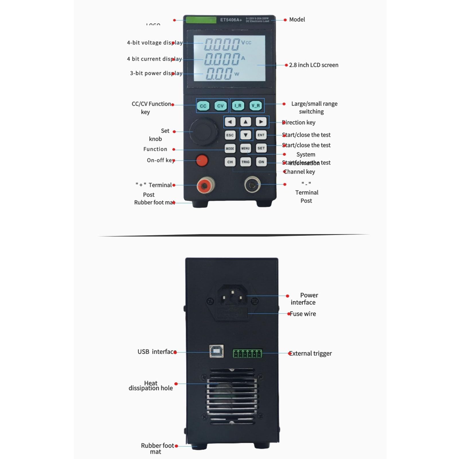 High-Precision DC Electronic Load Tester - 0-120V 0-20A 200W Battery Capacity Detector with US Plug (110V) - Perfect for Lithium Battery Testing, Power Supply Evaluation & DIY Electronics Projects
