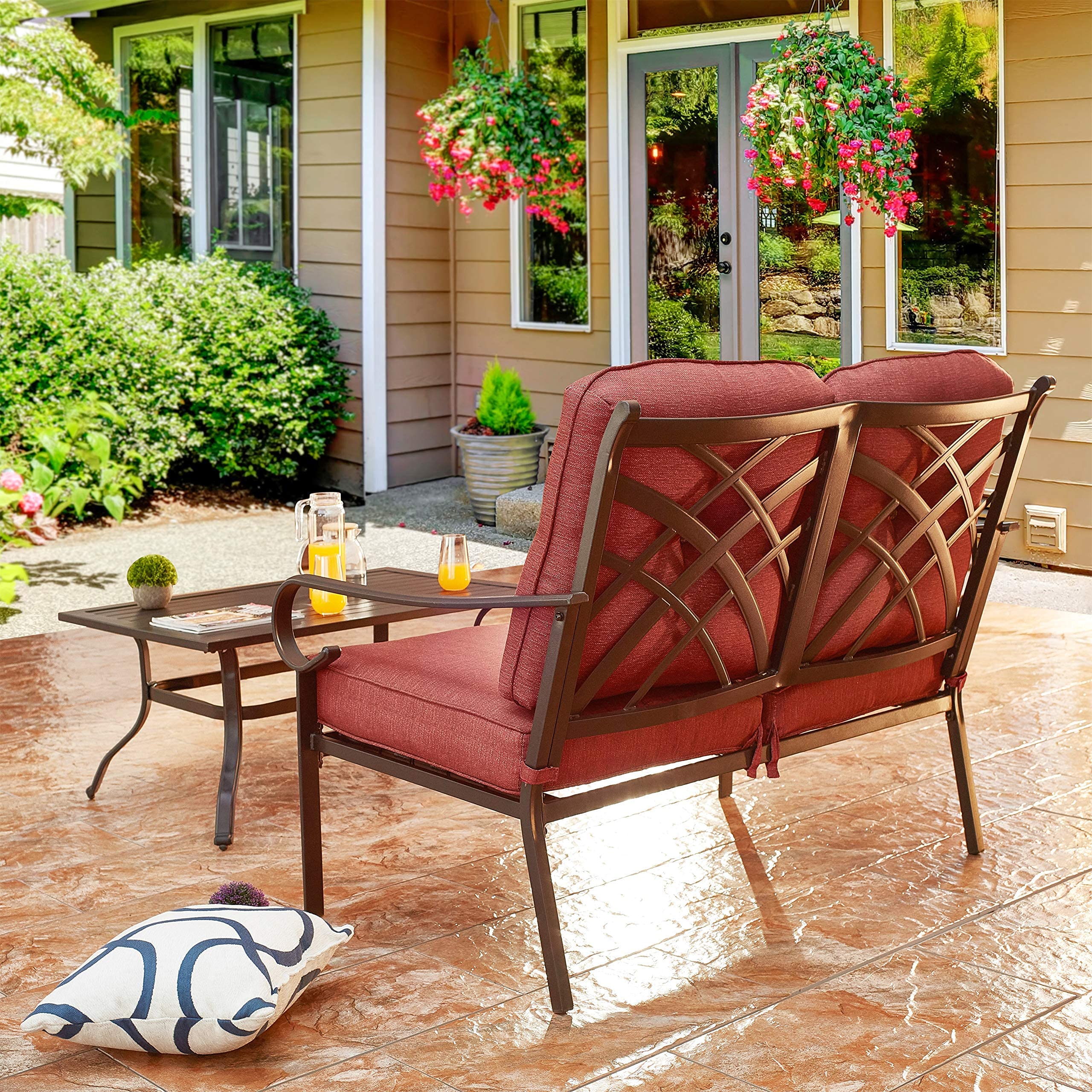 PatioFestival 2-Person Outdoor Loveseat Bench with 6.3 Inch Cushion & Coffee Table - All-Weather Steel Frame for Garden, Patio, and Backyard Relaxation