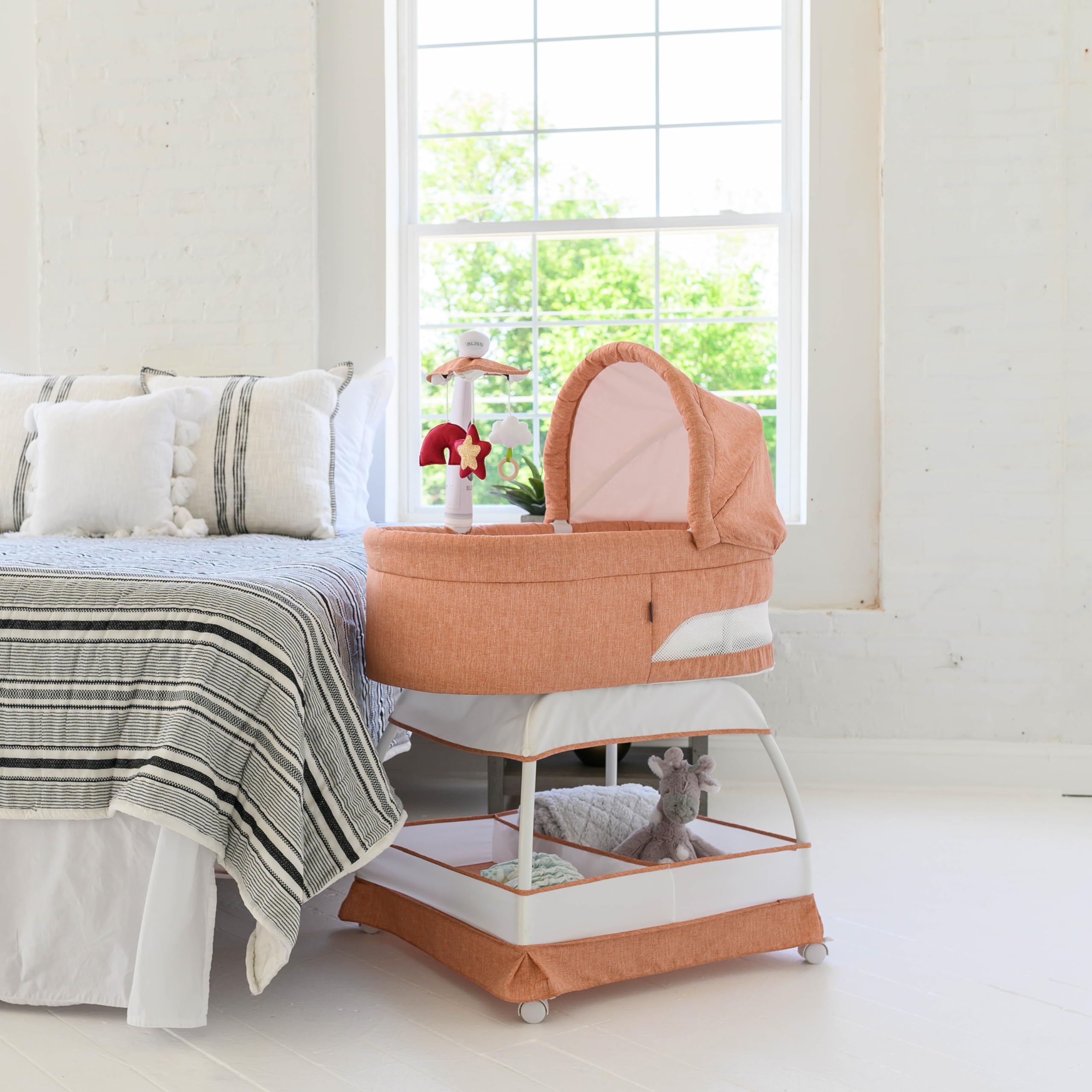 Sweetli Nurture Baby Bassinet & Bedside Crib with Play2Sleep Electric Mobile - Room Temperature/Humidity Monitor, Feeding Timer, Soothing Vibration & Nightlight - Perfect for Nursery, Co-Sleeping & Newborn Care (Clay Melange)