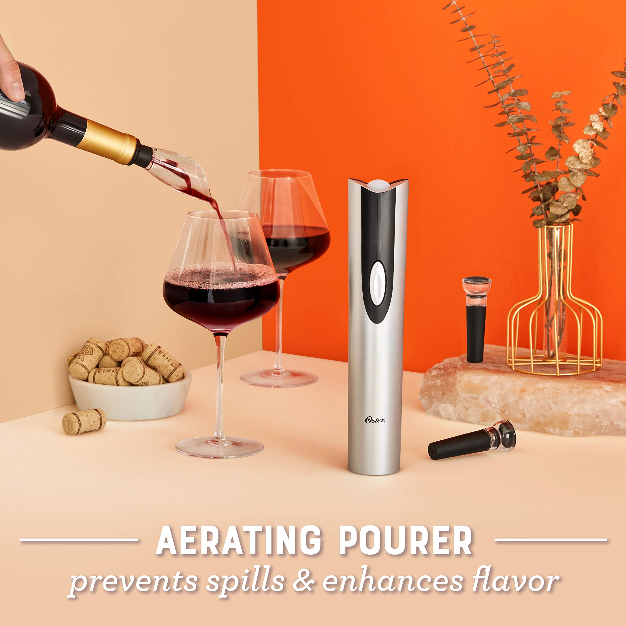 Oster Electric Wine Opener Set with Foil Cutter, Wine Pourer & Vacuum Stoppers - Includes Corkscrew & Charging Base - Perfect for Home Bars, Parties & Wine Lovers (Black)
