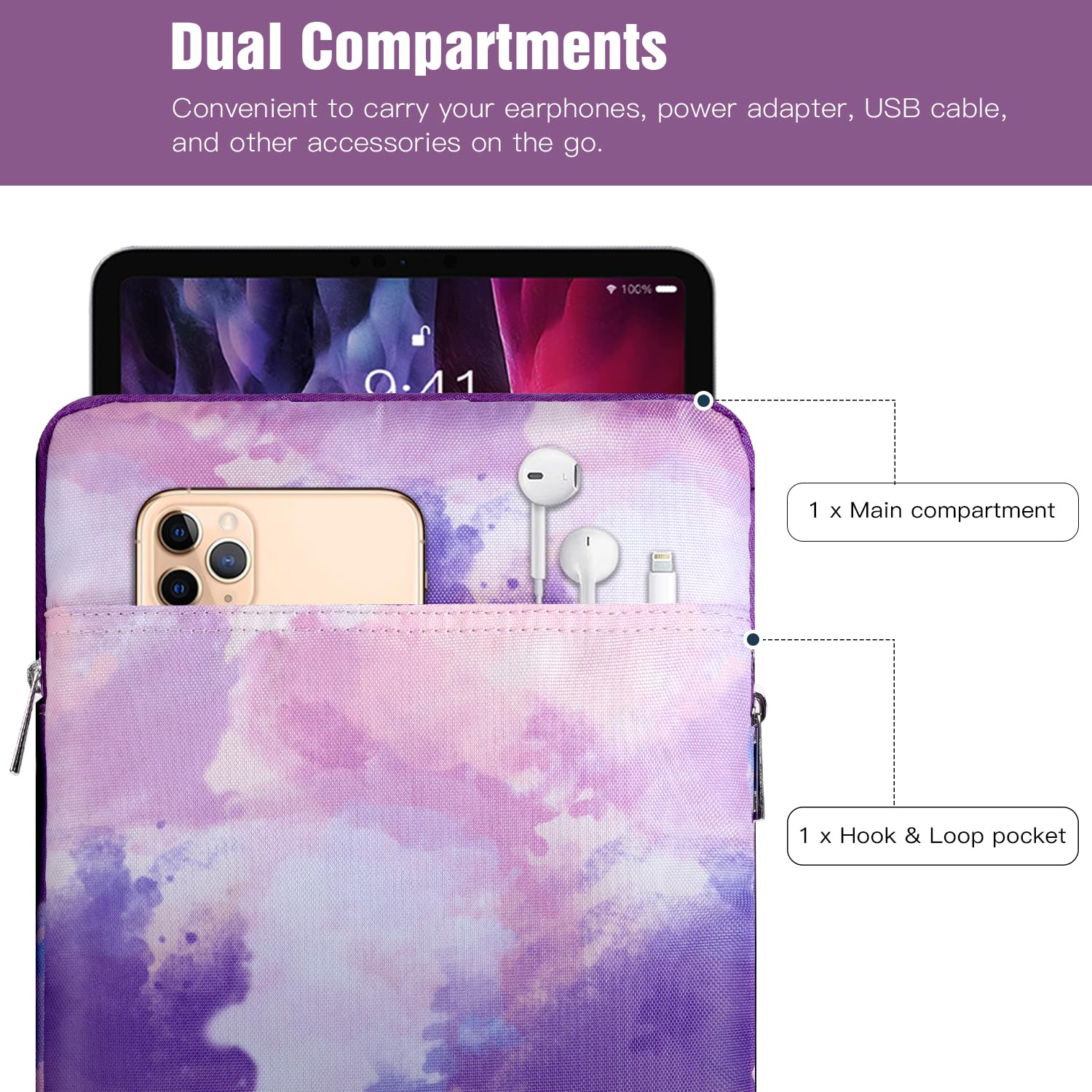 TiMOVO 9-11 Inch Tablet Sleeve Case - Compatible with iPad 10.2 (2021-2022), iPad Air 5/4, iPad Pro 11 (2024), Galaxy Tab S9/S8/A8/A7 - Protective Pouch with Smart Keyboard Fit - Watercolor Purple - Perfect for Travel, Work & School