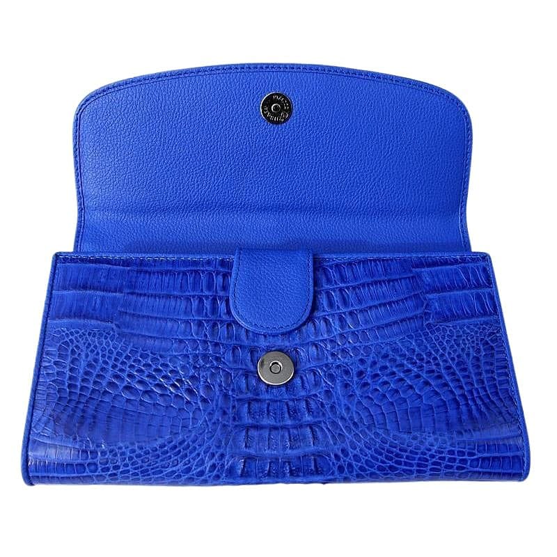 Blue Genuine Crocodile Leather Tri-Fold Women's Wallet - Stylish & Durable RFID Blocking Purse for Everyday Use, Travel & Gift Giving