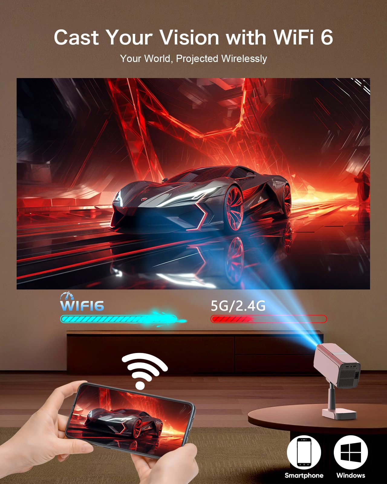PANSEBA Smart WiFi Bluetooth Projector with Auto Keystone - 4K Supported Mini Projector with Telescopic Stand | Outdoor Movie Projector, Home Theater for Phone, Netflix-Licensed | Perfect for Backyard Movie Nights & Indoor Entertainment
