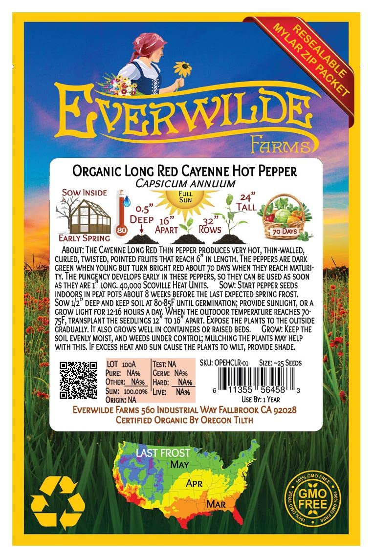 Organic Long Red Cayenne Hot Pepper Seeds - 25 Count - Non-GMO, Heirloom, for Home Gardening - Perfect for Spicy Cooking, Sauces, and Pickling