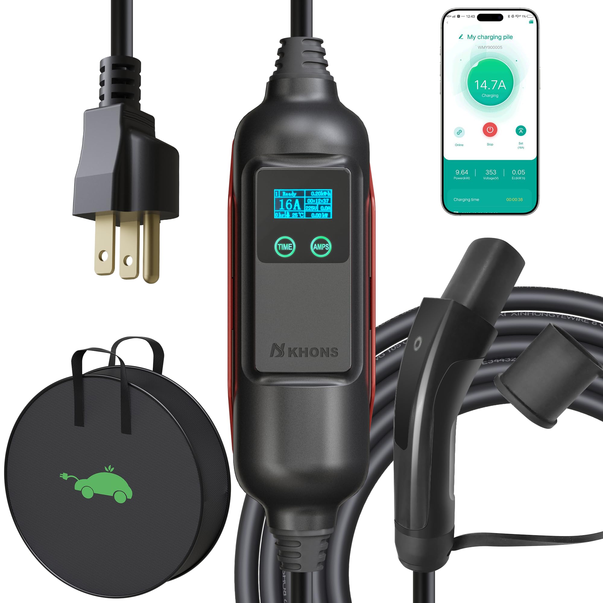 Level 1 EV Charger for Tesla - 110V 16A NEMA 5-15 Plug Portable Electric Vehicle Charger with APP Control | Compatible with Tesla Model Y/3/S/X | Home & Travel Charging Solution