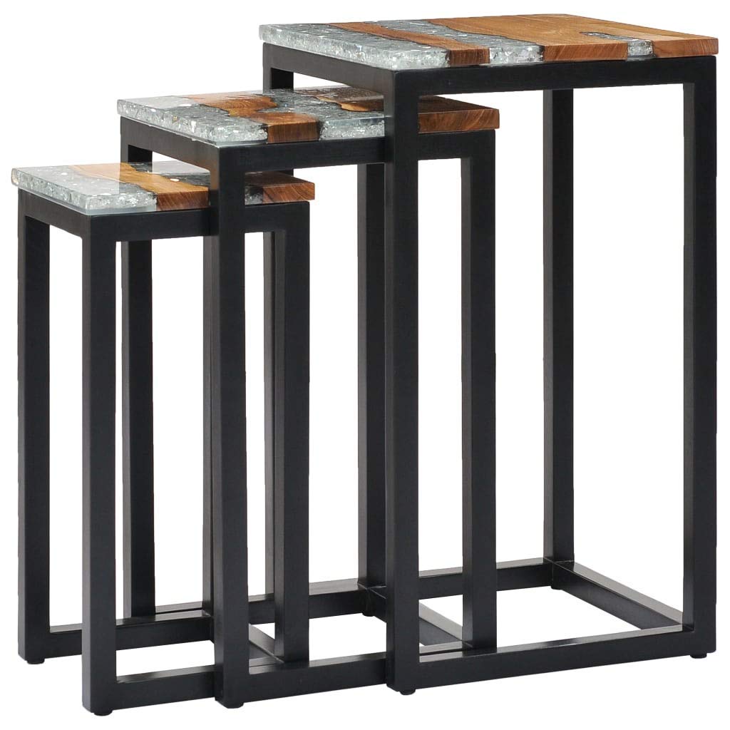 VidaXL 3-Piece Nesting Table Set - Solid Teak Wood & Polyresin Vintage Coffee Tables for Living Room, Bedroom Nightstands, Home Office Side Tables | Space-Saving Multi-Functional Furniture for Small Spaces