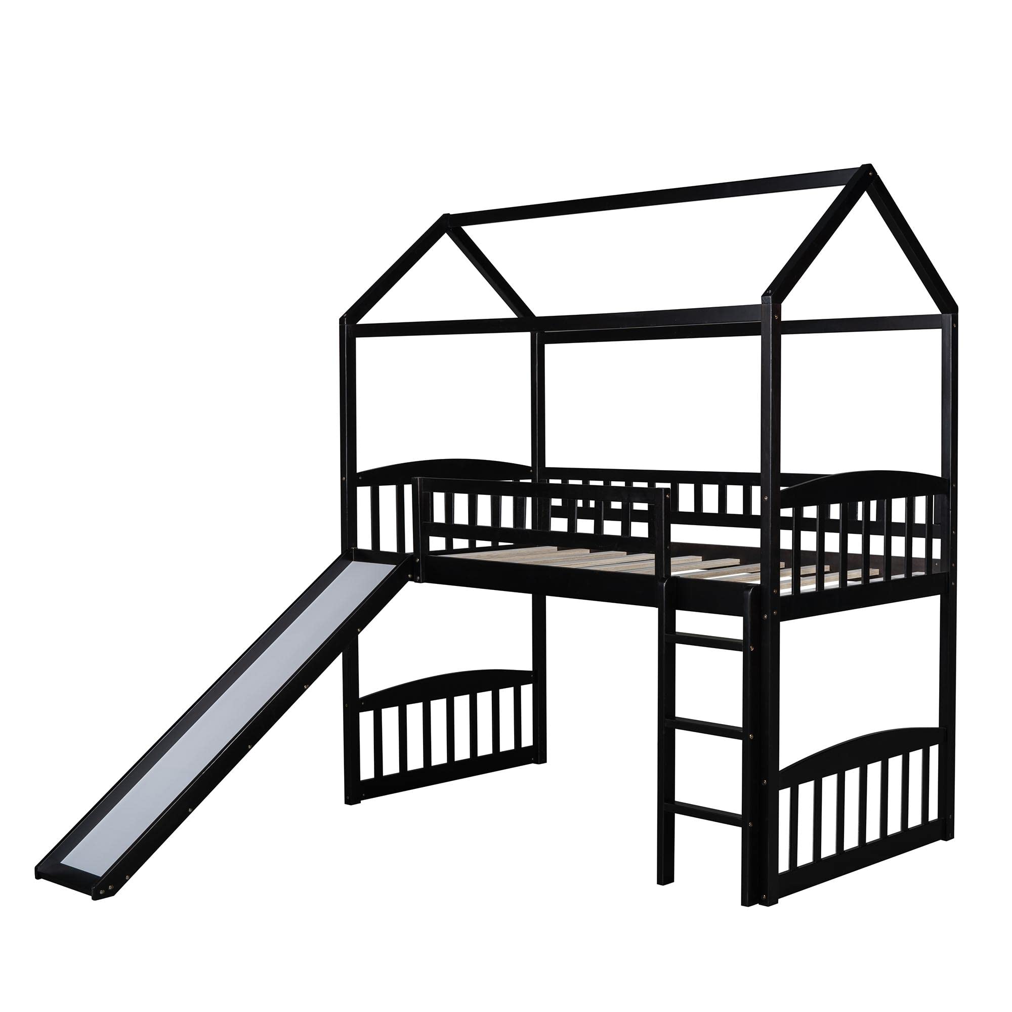 JINS&VICO Twin Loft Bed with Slide and Ladder - Wooden House Style Bunk Bed with Roof & Safety Guardrails for Kids - Espresso Finish (77.4