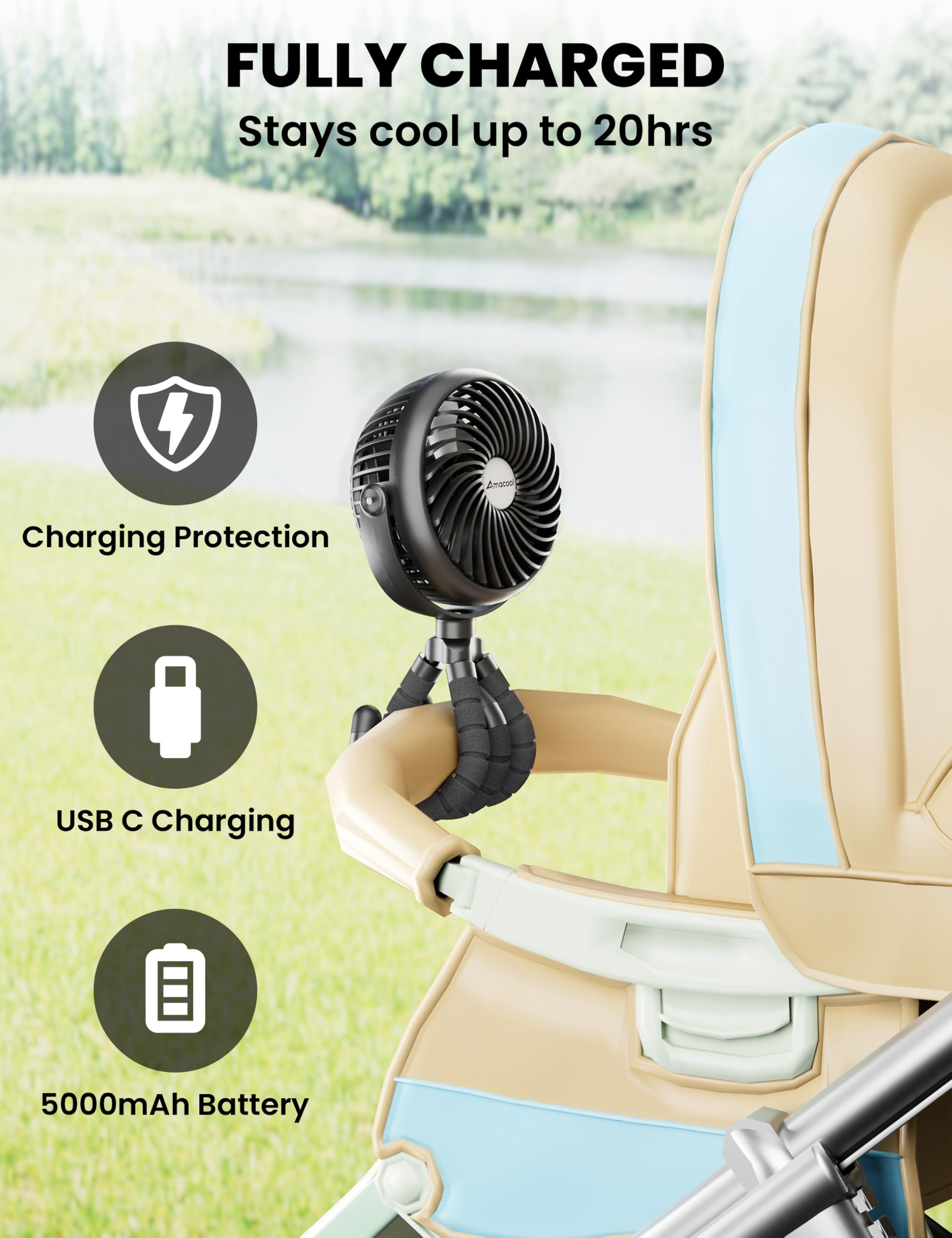 AMACOOL Rechargeable Baby Stroller Fan - 5000mAh Battery, 3-Speed Adjustable, Ultra Quiet with 360° Rotation | Portable Clip Fan for Travel, Car Seat, Crib, Bike & Treadmill | Perfect for Beach Vacations, Outdoor Activities & Nursery Cooling