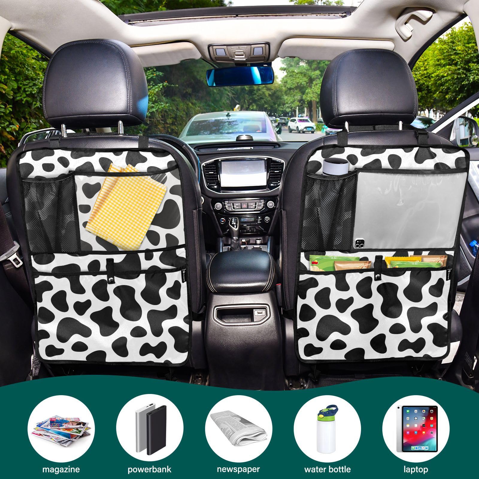 Aflyko Cow Print Car Seat Back Organizer - Black & White Kick Mat with Pockets, Backseat Protector, 1 Pack | Perfect for Travel, Road Trips & Family Car Rides