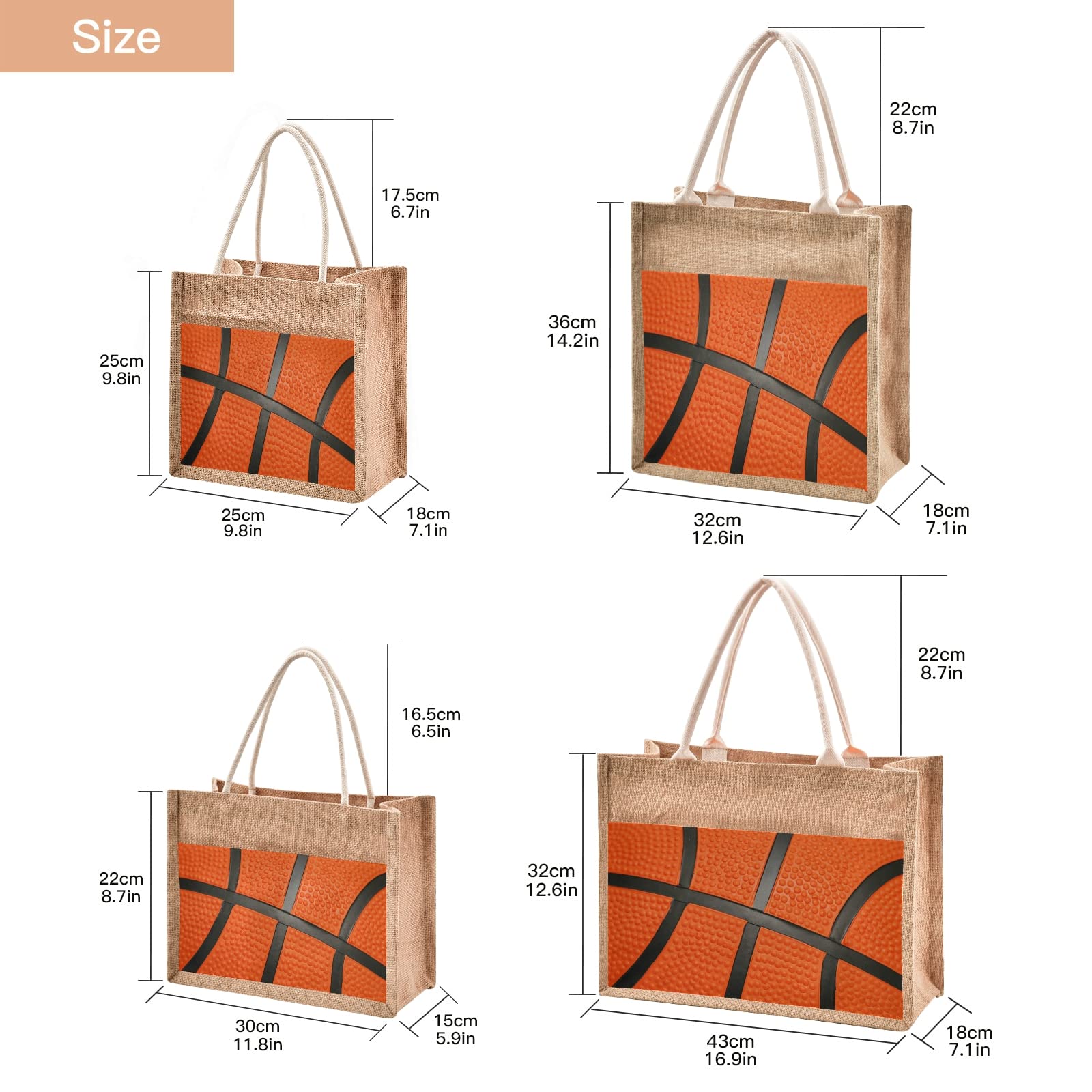 ALAZA Sport Basketball Orange Jute Tote Bag for Women - Eco-Friendly Grocery Shopping Bag with Handles - 12.6 x 16.9 x 7.1 Inches - Perfect for Outdoor Travel, Gym, Beach & Daily Use