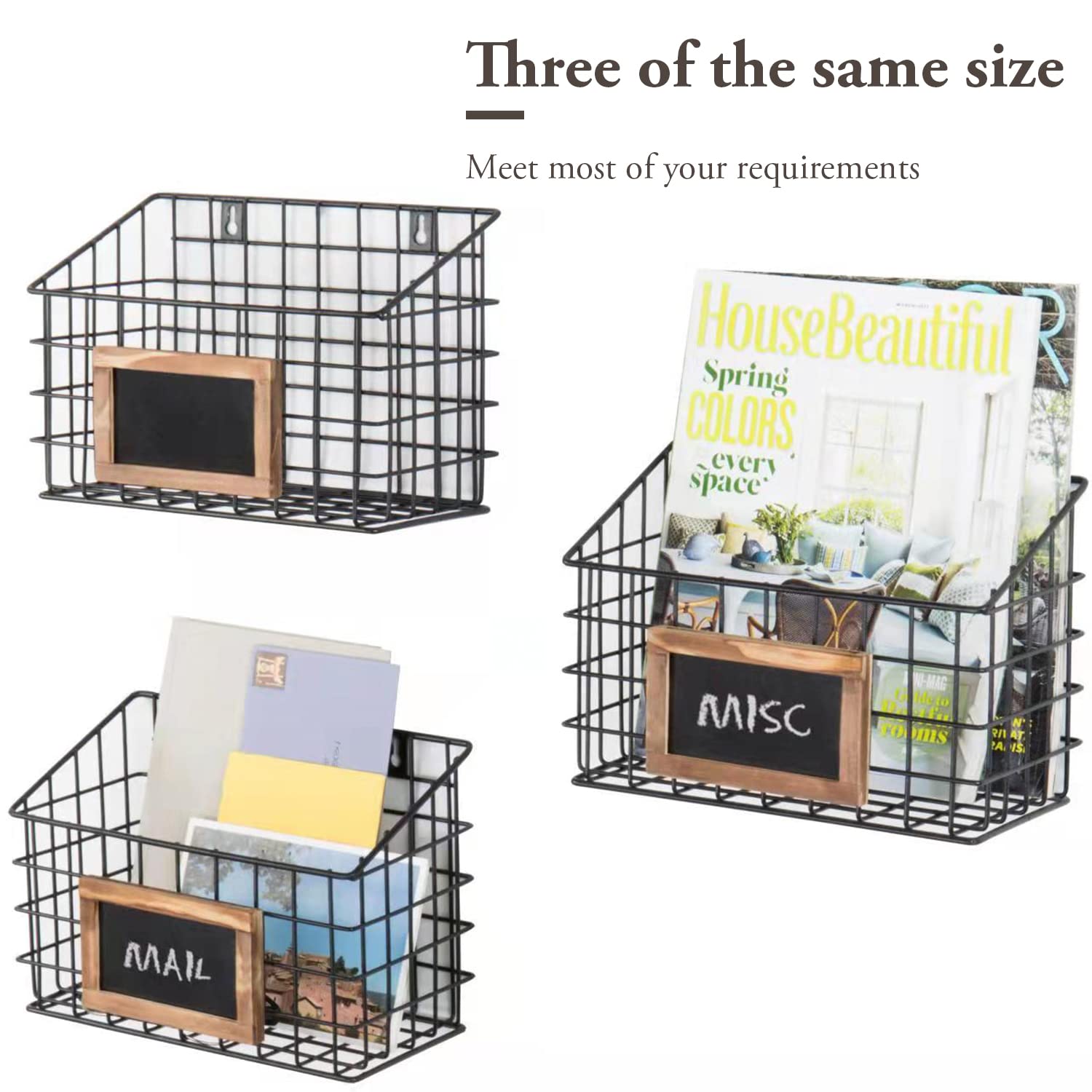 MyGift 10 Inch Wall Mounted Matte Black Metal Wire Storage Baskets with Chalkboard Labels - Set of 3 Small Hanging Organizer Bins for Home, Entryway, Kitchen Pantry & Closet Organization - Perfect for Storing Spices, Keys, Mail & Small Essentials