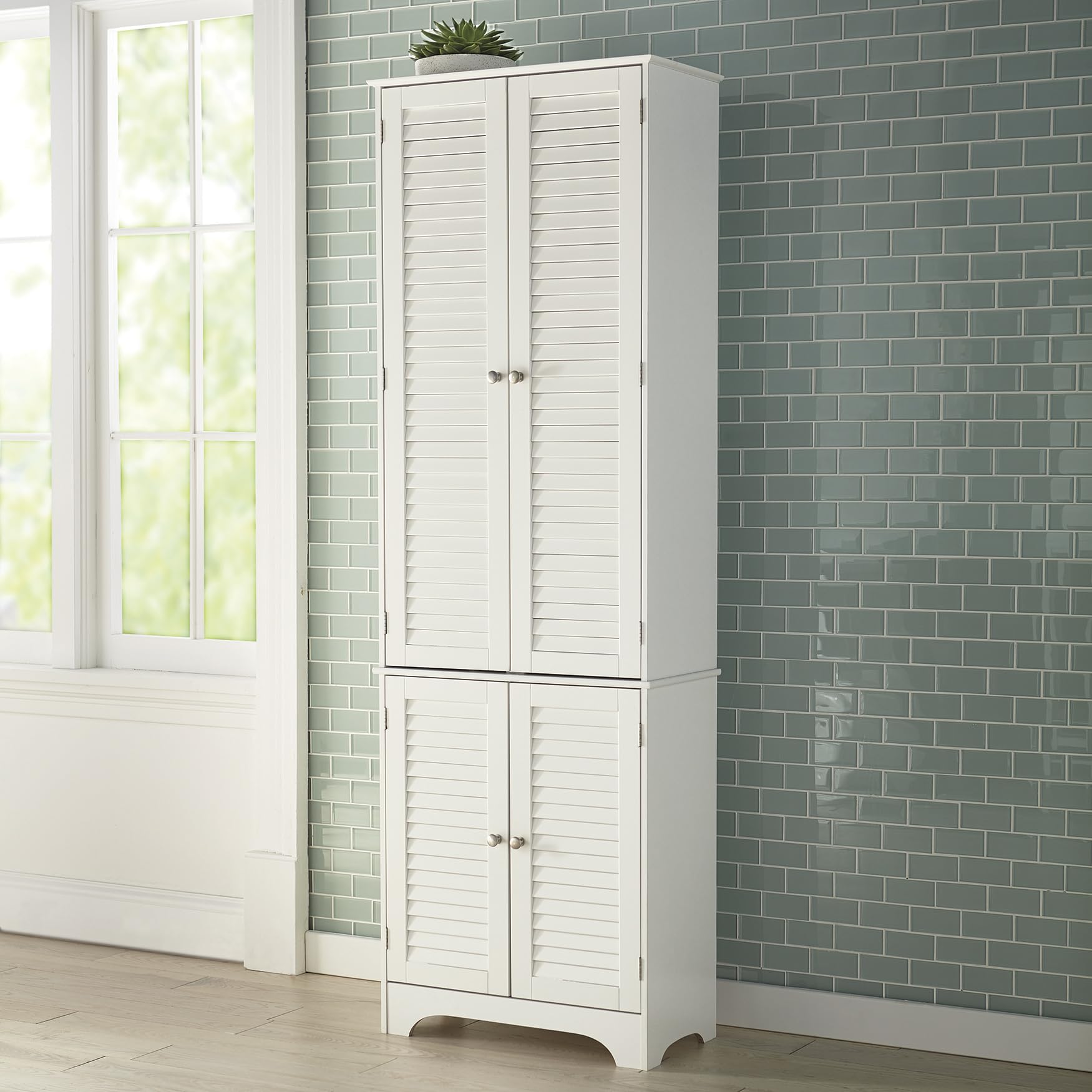 BrylaneHome Louvre Linen Cabinet - White Storage Organizer for Bedroom, Bathroom & Closet | Space-Saving Linen Closet with Adjustable Shelves