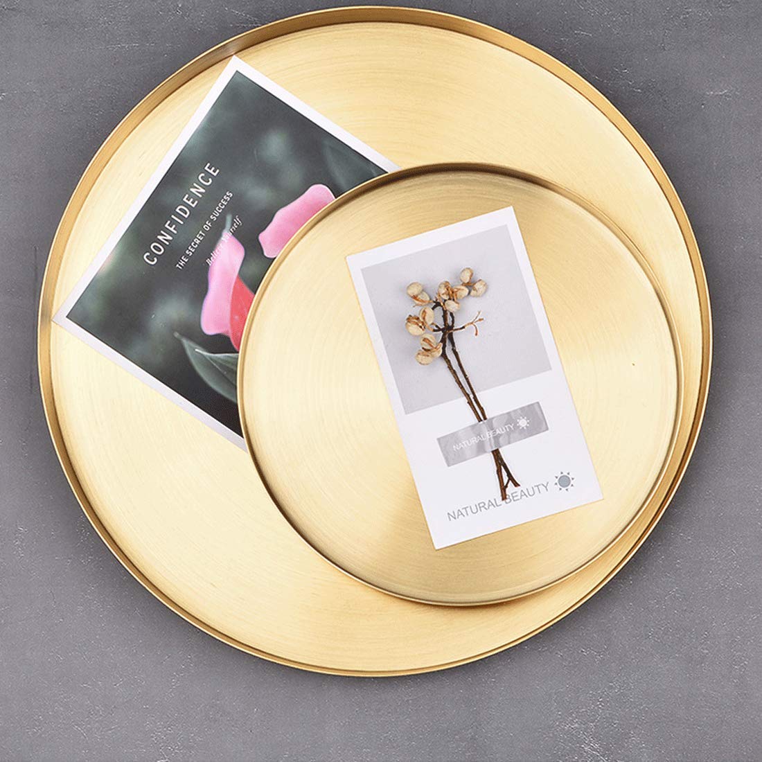Gold Round Brass Trays & Stainless Steel Metal Plates - Decorative Storage Organizer Serving Tray for Vanity, Jewelry, Cosmetic & Kitchen Tableware (Medium) | Perfect for Home Decor, Party Serving, and Bathroom Organization