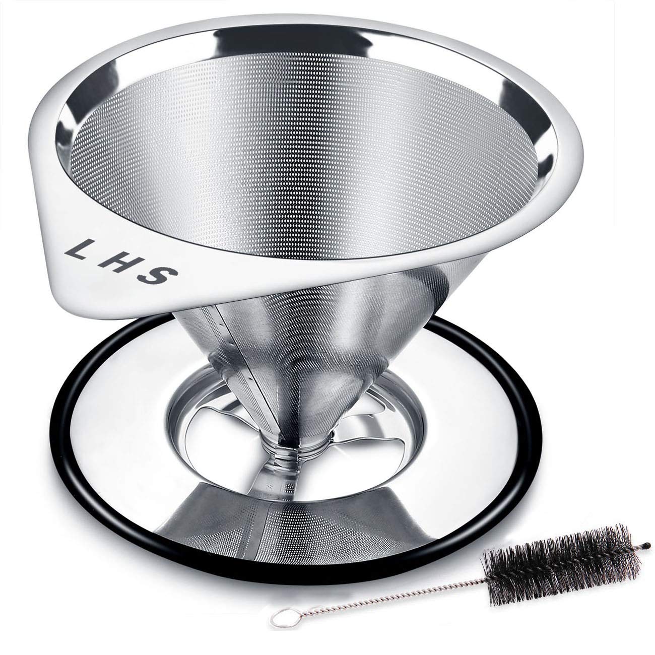 Premium Stainless Steel Pour Over Coffee Dripper - Reusable Metal Cone Filter for 1-4 Cups | Paperless Single Cup Coffee Maker with Non-Slip Stand & Cleaning Brush | Perfect for Home, Office & Camping Brewing