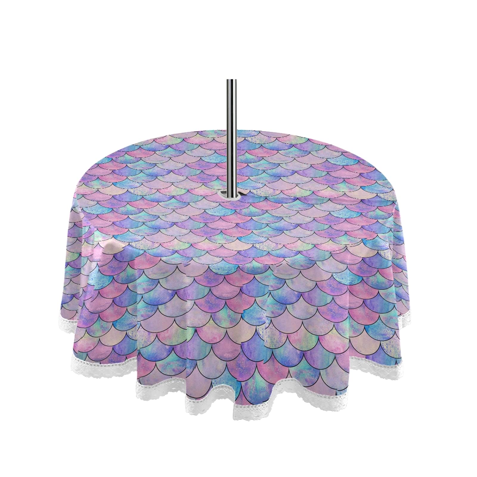 Waterproof Mermaid Scale Outdoor Tablecloth with Umbrella Hole & Zipper - Machine Washable Picnic Table Cover for Spring Summer Garden Party, Patio Decor, Beach BBQ and Outdoor Dining