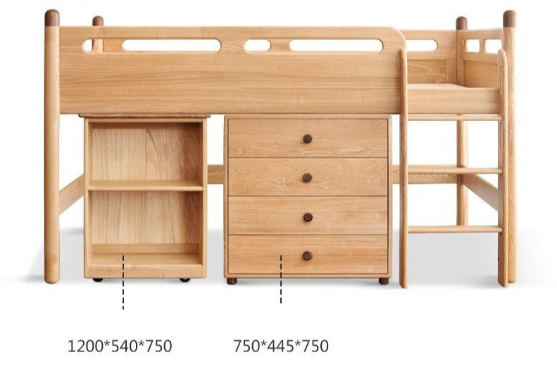 Solid Oak Wood Mid-High Bed with Slanted Ladder - Sturdy Adult Loft Bed for Small Spaces, Dorm Rooms & Modern Apartments