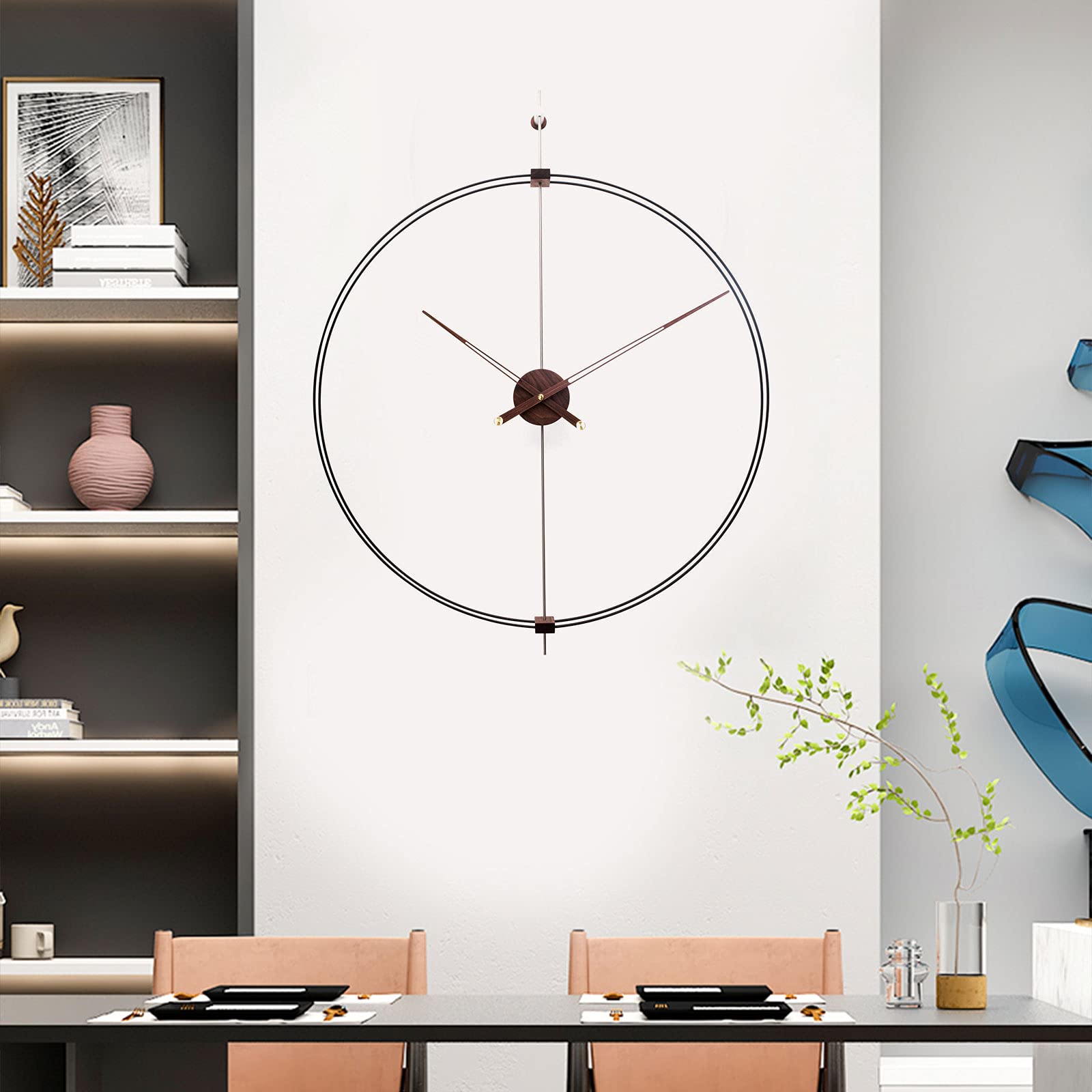 Minimalist Modern Wall Clock - Contemporary Art Deco Style with Metal & Walnut Wood Design - Battery Operated AA Clock for Living Room, Bedroom, Kitchen, Office, Cafe Decor - Perfect for Home, Office and Commercial Spaces (Double Circle Design)