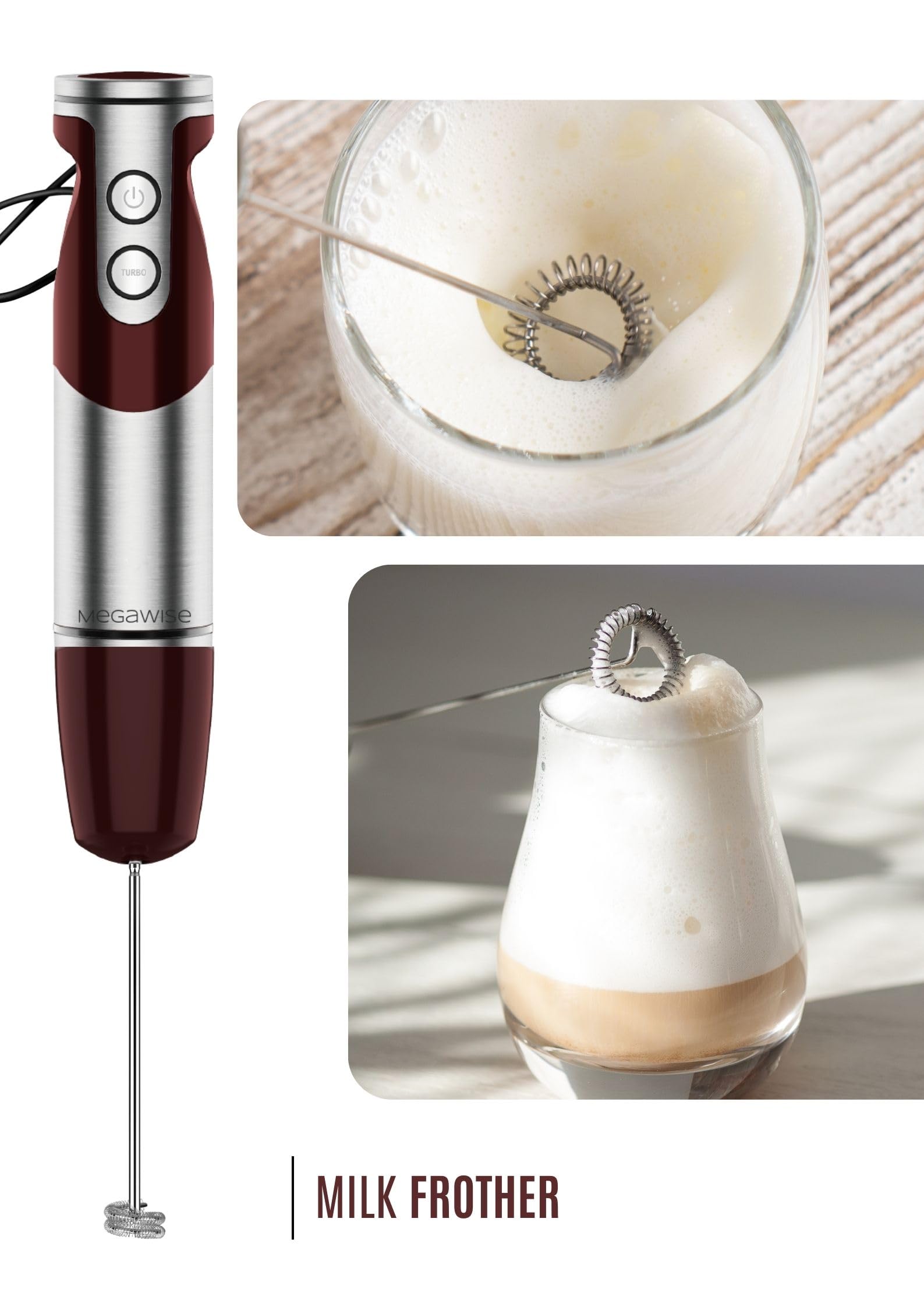 MegaWise Pro Titanium Reinforced 3-in-1 Immersion Hand Blender - 800W Powerful Motor, 12-Speed Control, Ultra Sharp Blades - Includes Whisk & Milk Frother (Red) - Perfect for Smoothies, Soups, Sauces & Baking