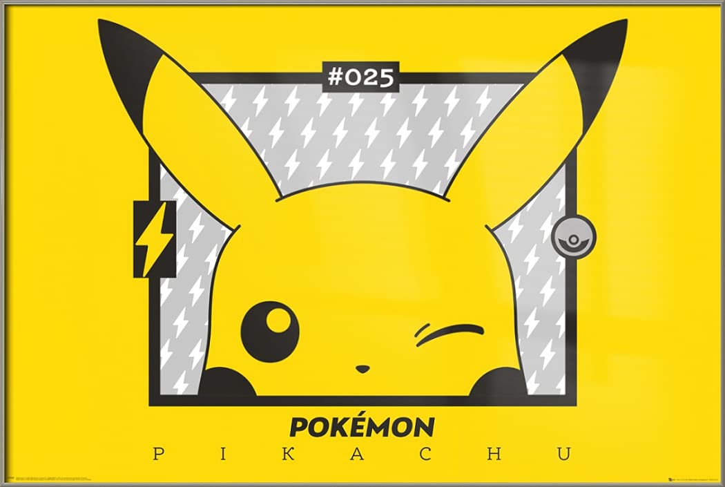 Pokemon Pikachu Winking Framed Poster - 36x24 Inch Anime Wall Art for TV Show & Gaming Fans - Perfect for Bedroom, Game Room & Office Decor