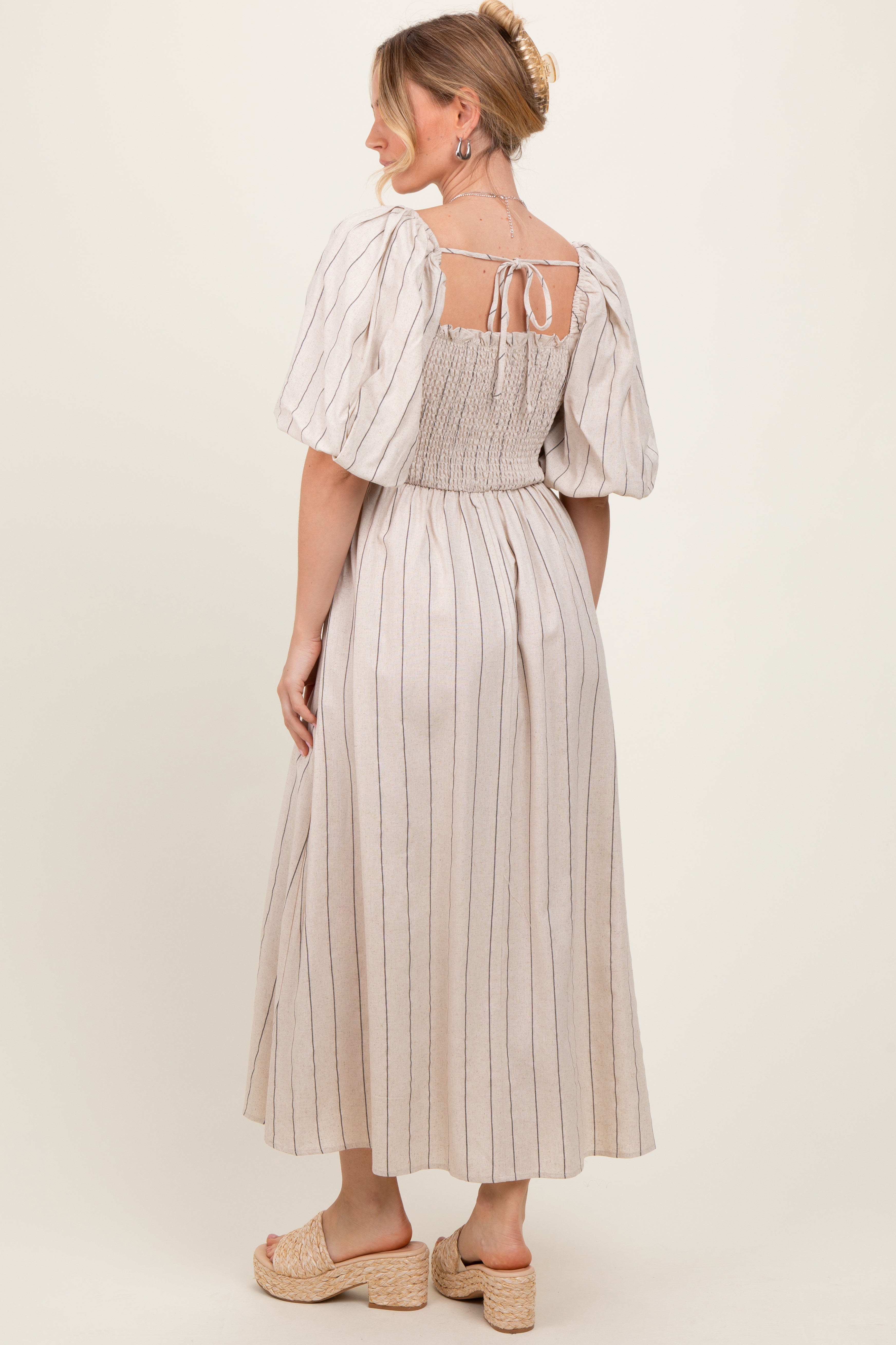 Beige Linen Stripe Puff Sleeve Midi Dress for Women - Summer Boho Chic Casual Dress with Flowy Ruffles - Perfect for Beach Vacations, Garden Parties & Date Nights