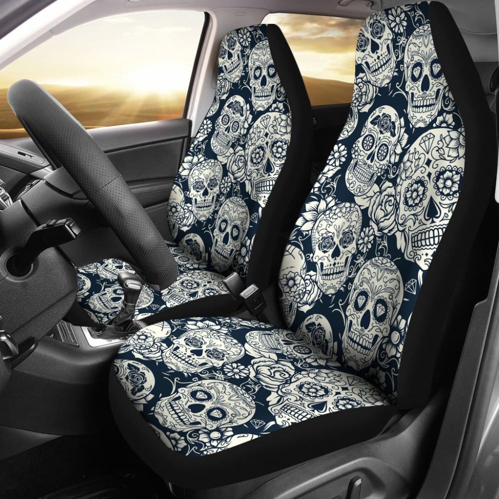 Black and White Sugar Skull II Car Seat Covers - Premium Custom Fit for Cars, Trucks & SUVs - Perfect for Halloween, Dia de Los Muertos & Gothic Decor