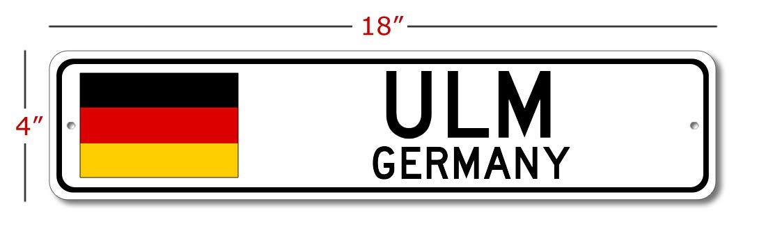 Ulm Germany German Flag Street Sign - 4x18 Inch Metal Novelty Wall Decor for Bar, Pub, Man Cave - Personalized German City Sign for Home, Office & Gift Giving