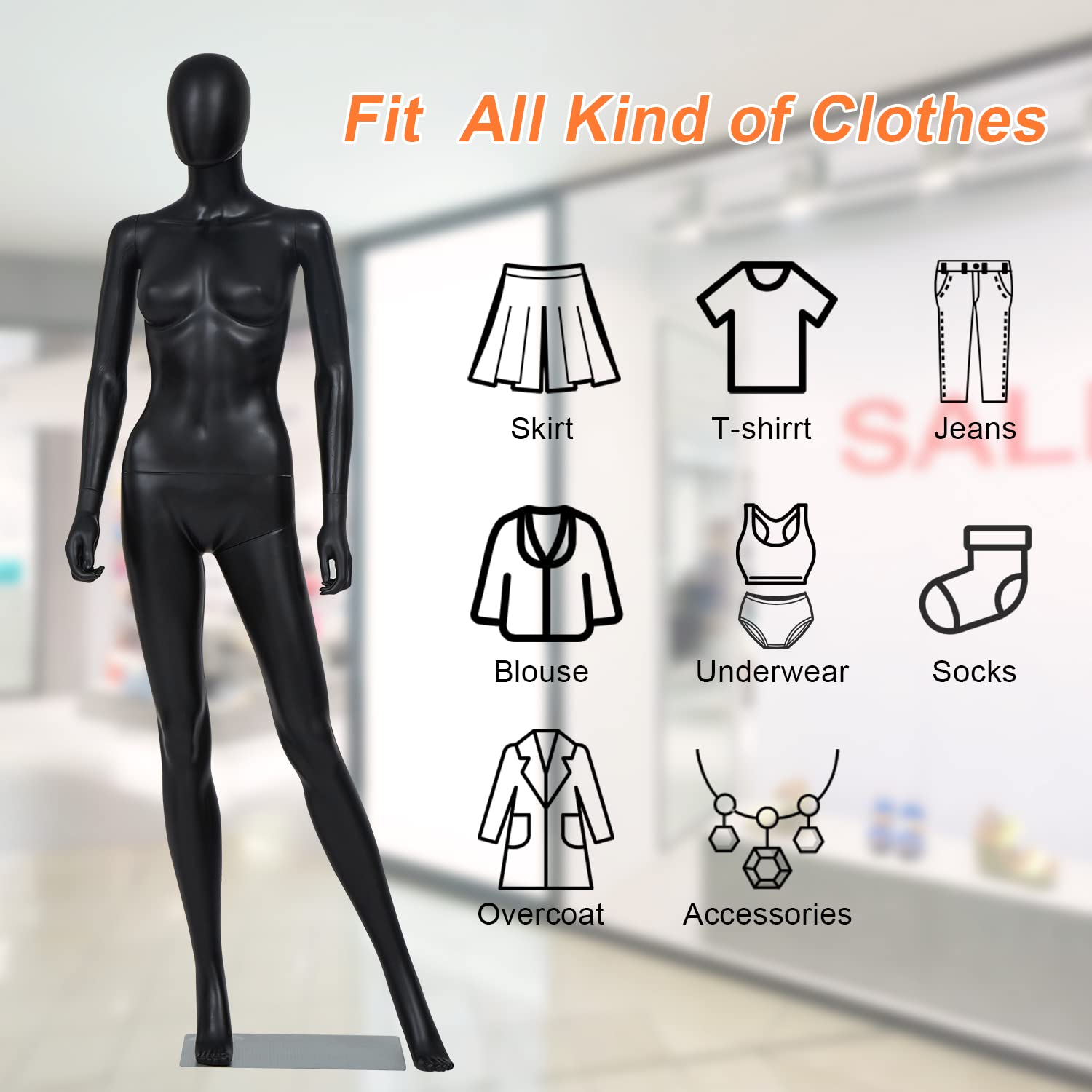 Adjustable Female Mannequin with Detachable Body & Metal Stand - Black Full Body Dress Form for Clothing Display, Fashion Boutique, Cosplay Costume Fitting, and Holiday Decor