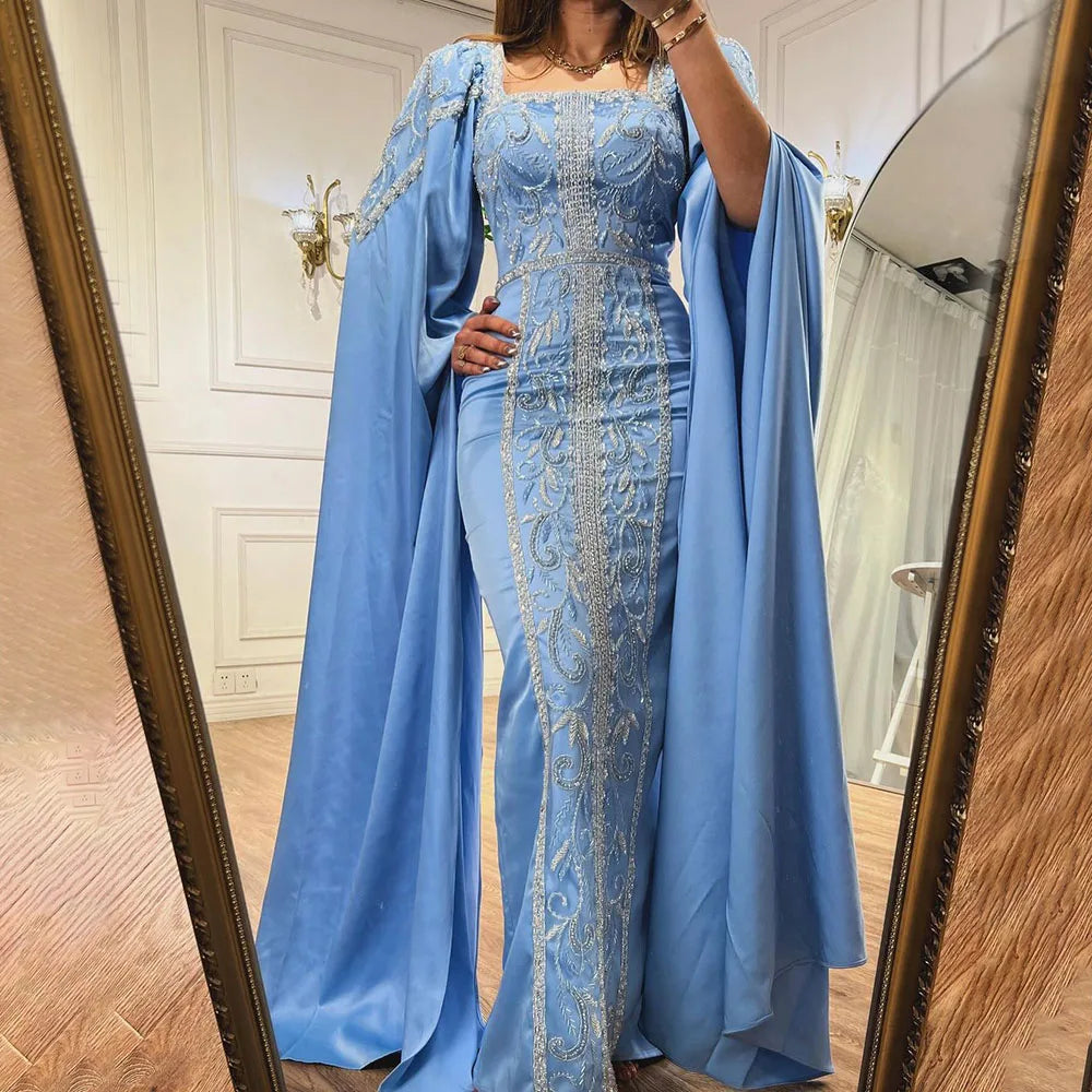 Elegant Blue Mermaid Evening Gown with Cape Sleeves for Muslim Women - LA72050 | Perfect for Weddings, Parties & Special Occasions