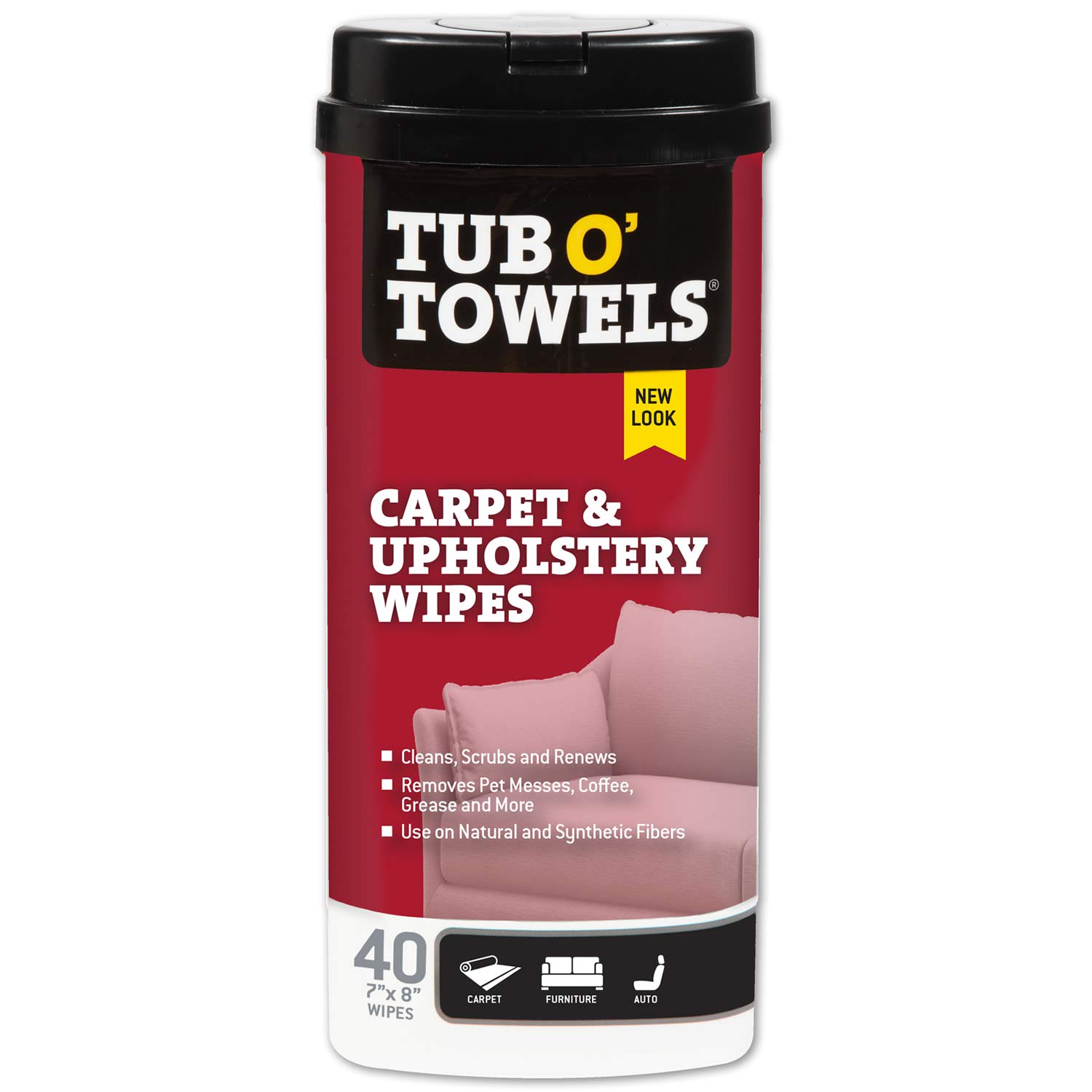 Tub O' Towels Extra Strength Carpet, Rug & Upholstery Cleaning Wipes - 40 Count (7”x8”) | Stain Remover & Odor Eliminator | Safe for Natural & Synthetic Fibers | Light Citrus Scent | Perfect for Pet Stains, Spills & Deep Cleaning