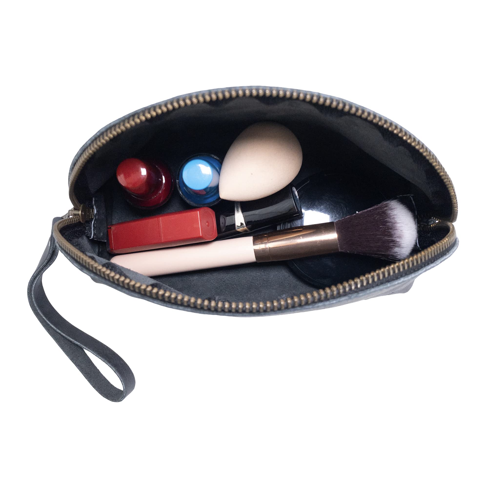 Premium Leather Cosmetic Travel Organizer for Women - Handmade Full Grain Leather Makeup Bag with Hand Strap | Classic Elegant Handbag in Charcoal Black | Perfect for Travel, Daily Use & Gift Giving