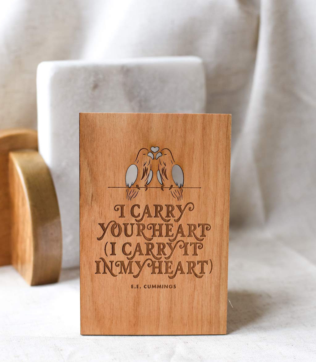 Handmade 'I Carry Your Heart' E.E. Cummings Wooden Lovebirds Card - Perfect for Anniversaries, Weddings, Birthdays & Romantic Gifts | Ideal for Couples, Valentine's Day & Special Occasions