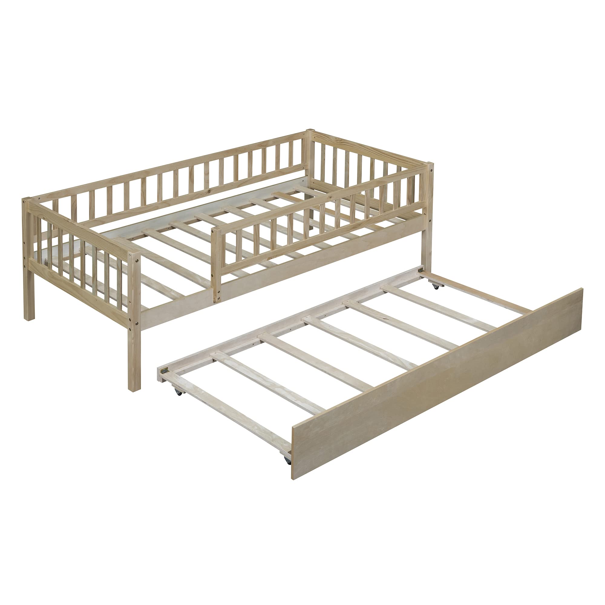 Montessori Twin Size Wooden Toddler Daybed with Safety Fence & Trundle - Low Bed Frame with Guard Rails for Kids, Boys & Girls - Natural Wood Finish - Perfect for Daytime Naps, Playroom & Montessori Bedrooms