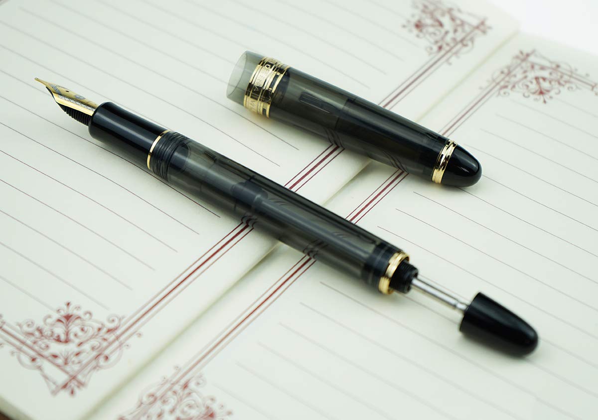 Lanxivi Yongsheng 699 Fountain Pen - Fine Nib Vacuum Filling System, Transparent Gray Acrylic Body with Gold Trim, Solid Section Pen Box Set - Perfect for Calligraphy, Journaling & Gift Giving