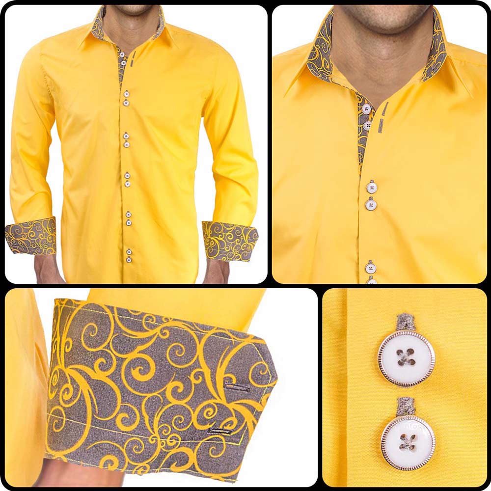 Premium Bright Yellow & Grey Contrast Designer Dress Shirts for Men - Made in USA - Perfect for Business Meetings & Formal Events