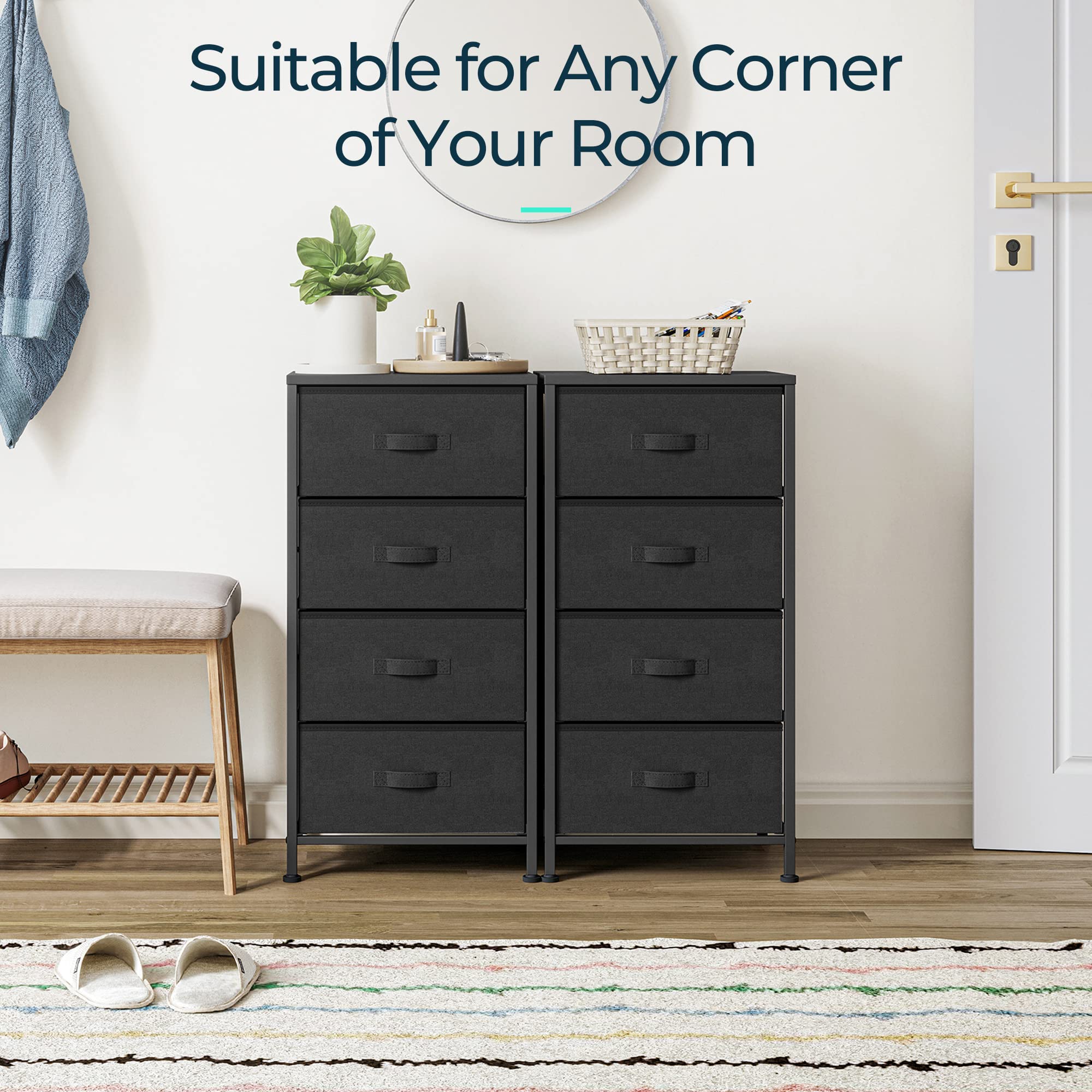 LINSY HOME 4-Drawer Black Dresser for Bedroom - Sturdy Wood Top & Steel Frame Chest of Drawers - Perfect for Closet Organization, Living Room Storage, Hallway & Entryway Decor