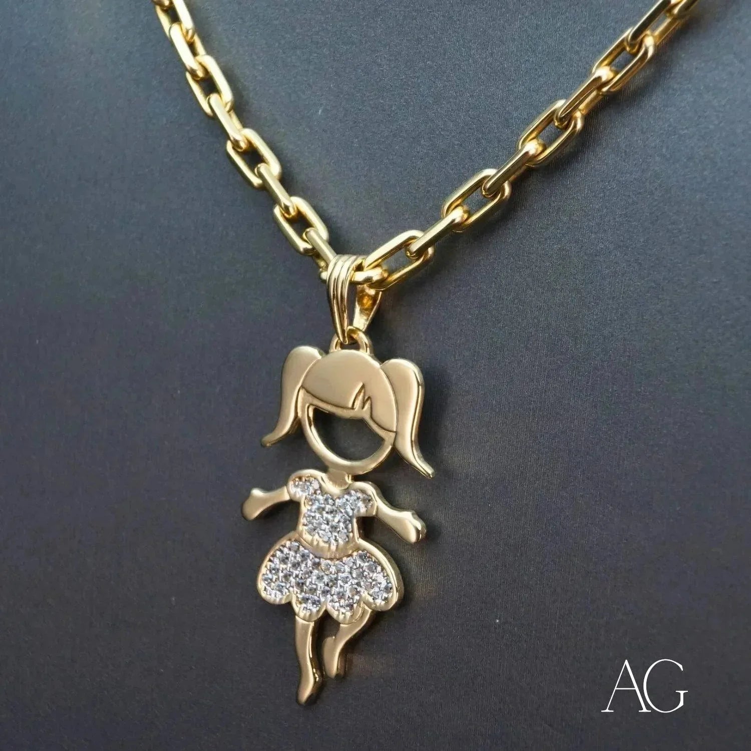 18K Gold Pendant Necklace with CZ Stones - Elegant Doll Charm Jewelry for Women, Perfect for Gifts, Parties and Special Occasions