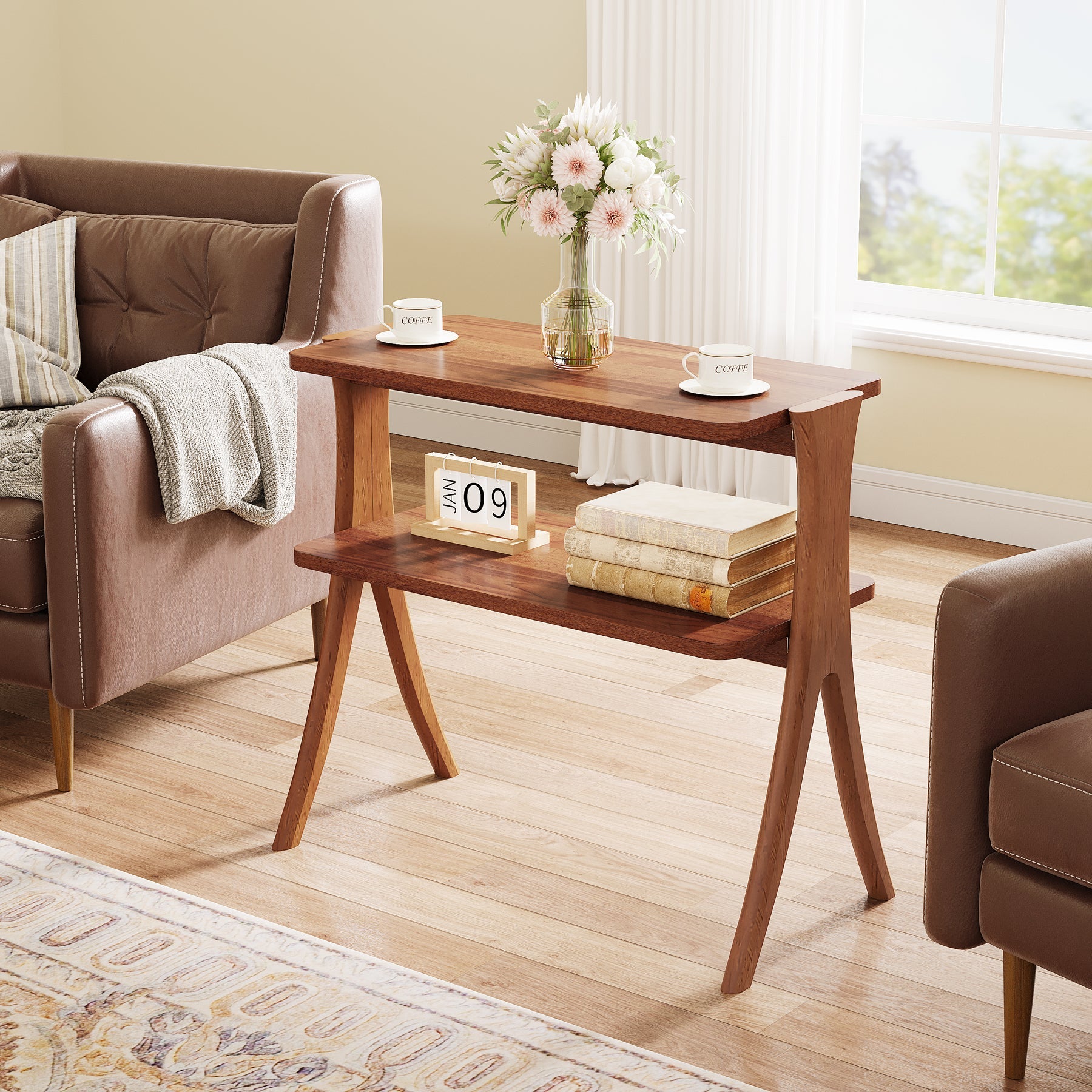 Rustic Wood End Table with 2-Tier Storage Shelf - Farmhouse Style Nightstand for Bedroom, Living Room & Office - Perfect for Small Spaces & Home Decor