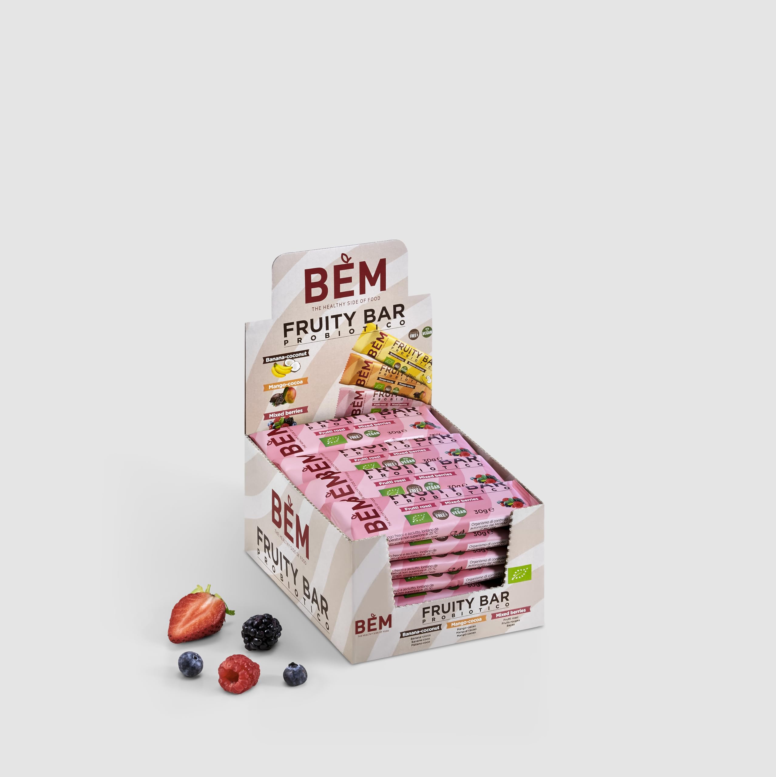 BEM Barretta Probiotica alla Frutta with Red Berries - Multipack 20 x 30g | Organic, Gluten Free & Vegan Probiotic Fruit Snack Bars - Perfect for On-the-Go Energy, Healthy Breakfast or Post-Workout Recovery