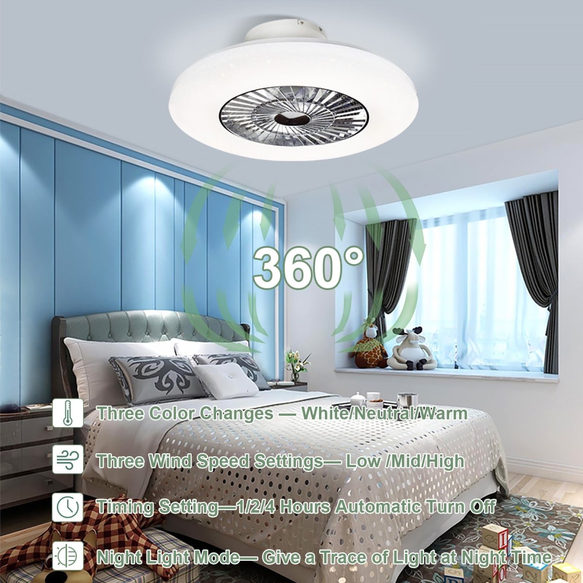 DLLT 23 Inch LED Remote Ceiling Fan with Light Kit - 40W Modern Dimmable Flush Mount Ceiling Fan with 7 Invisible Blades, 3 Color Changeable & 3 Speed Settings - Perfect for Bedroom, Living Room and Office