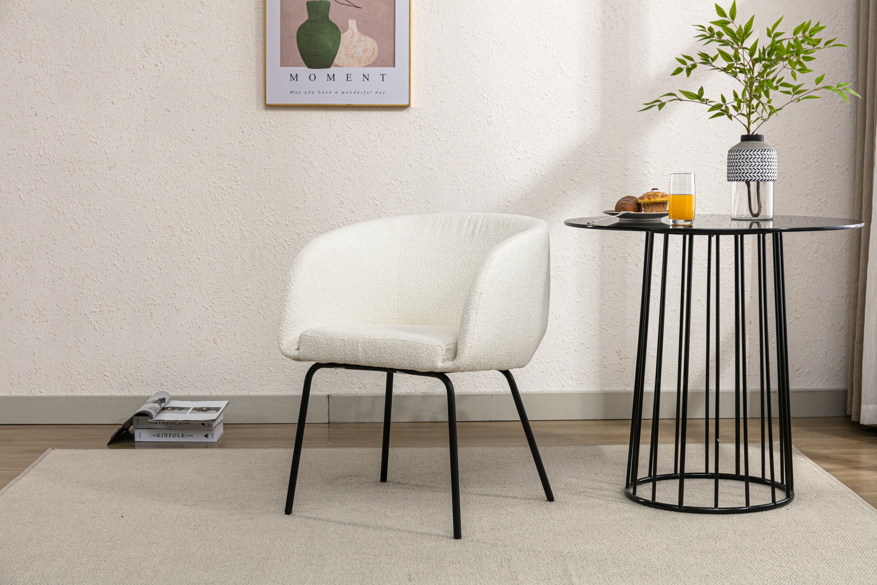 Boucle Fabric Dining Chair with Black Metal Legs - Set of 1 - Modern Upholstered Side Chair for Kitchen, Dining Room & Office