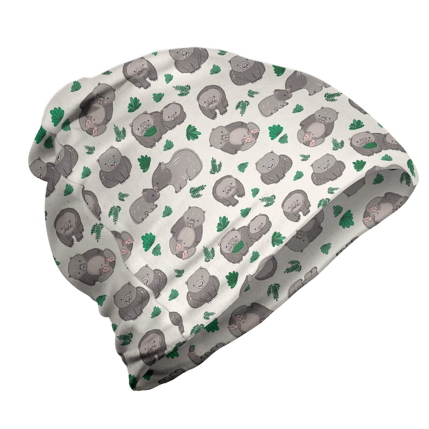 Ambesonne Unisex Winter Beanie Hat - Wombats with Leafy Plants Design, Soft Knit Ivory Tan for Men & Women - Perfect for Hiking, Camping & Outdoor Activities