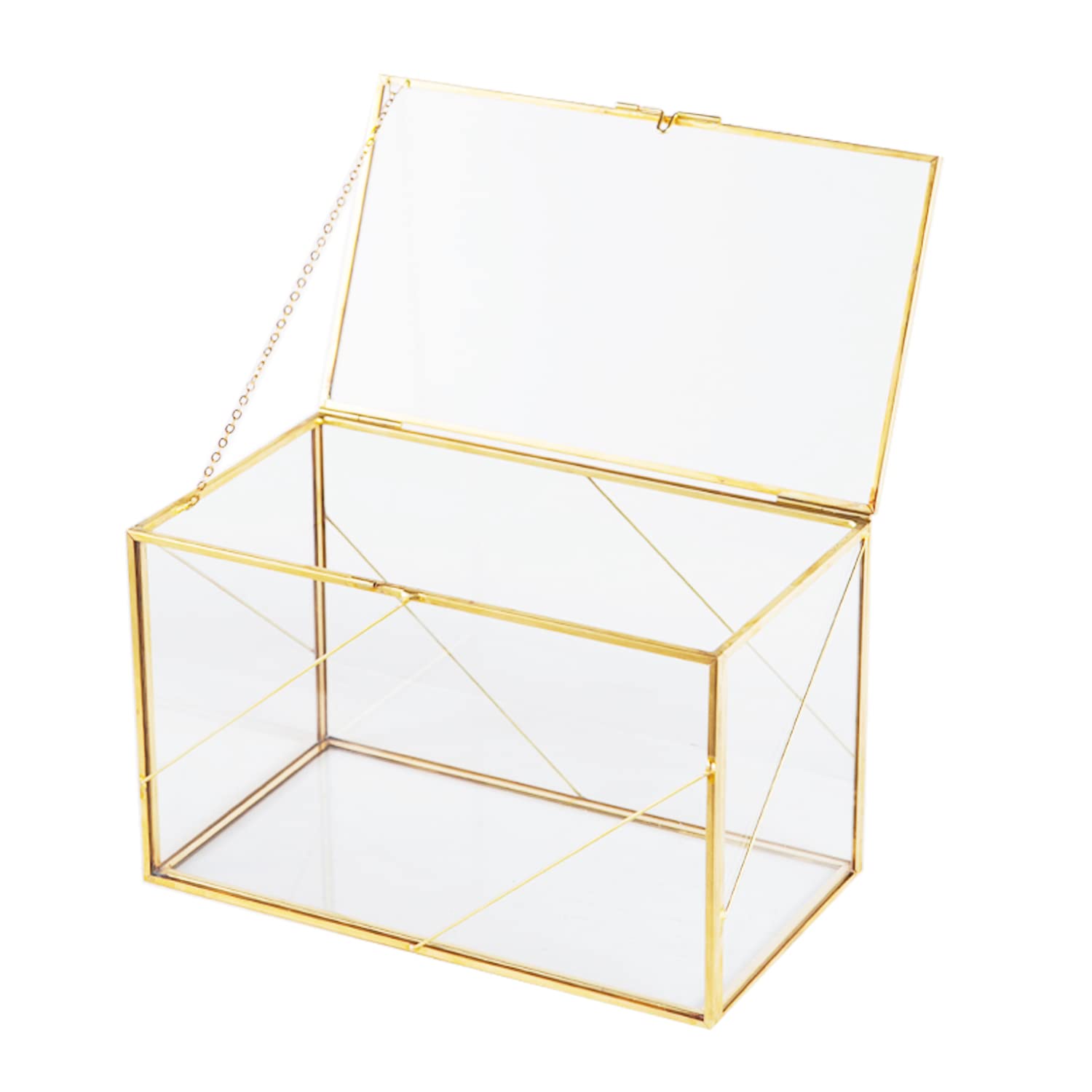 Vintage Gold Glass Jewelry Box with Lid - Decorative Brass Cosmetic Storage Organizer - Retro Card Holder for Wedding Reception - Elegant Home Decor Centerpiece (8.12 x 5 x 4.5 Inches) - Perfect for Vanity Table, Gift Giving & Displaying Rings/Earrings