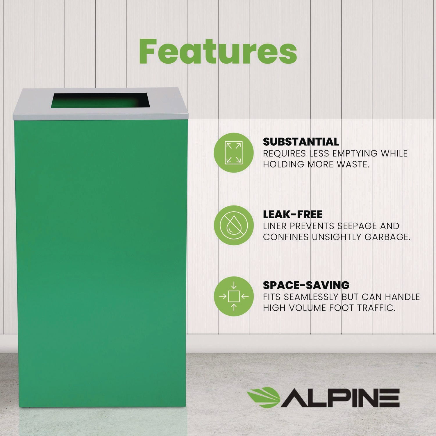 Alpine Industries 29 Gallon Steel Trash Can & Recycling Bin with Square Lid - Green Heavy Duty Waste Container for Kitchen, Office & Outdoor Use