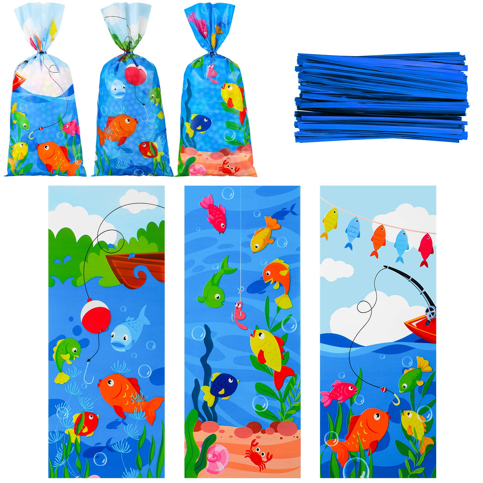 150 Pcs Fishing Theme Cellophane Bags with 200 Ties - Red Candy Treat Bags for Birthday Parties, Baby Showers & Fisherman Gifts | Great for Party Favors, Goodie Bags & Fishing-Themed Decorations