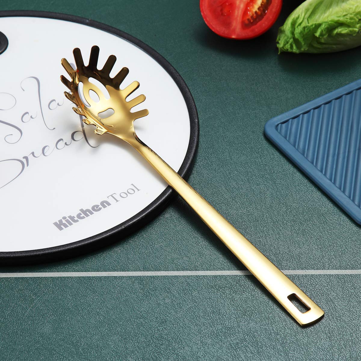 Premium Titanium Gold-Plated Spaghetti Spoon - Berglander Stainless Steel Pasta Server & Noodle Fork for Cooking - Dishwasher Safe & Easy to Clean - Perfect for Italian Dinners, Pasta Parties & Gourmet Kitchens