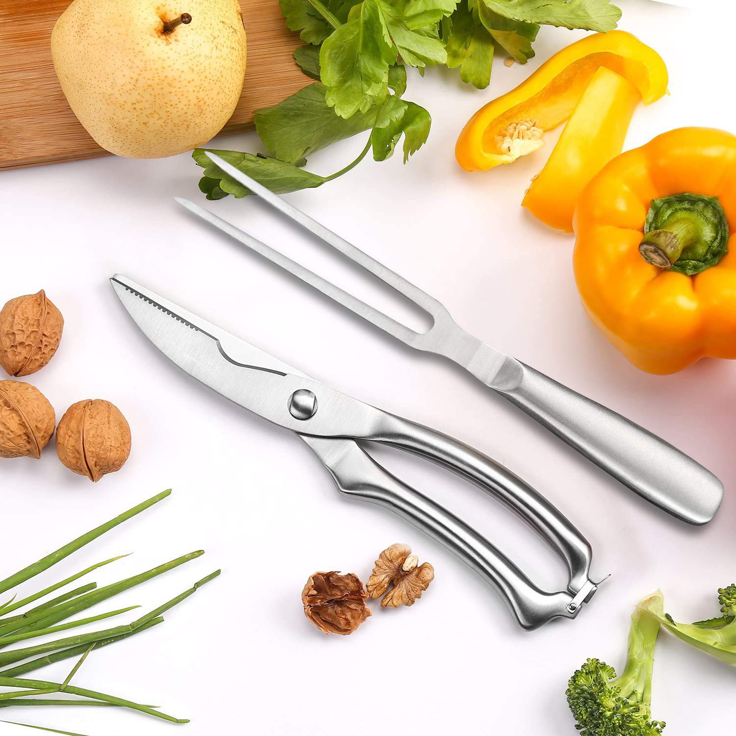 Heavy Duty Stainless Steel Kitchen Shears - Serrated Edge Poultry Shears for Chicken, Turkey, Fish & Meat Cutting - Spring Loaded Multipurpose Kitchen Scissors for Bones, Herbs & Food Prep - Perfect for Home Cooking, BBQ & Professional Chefs