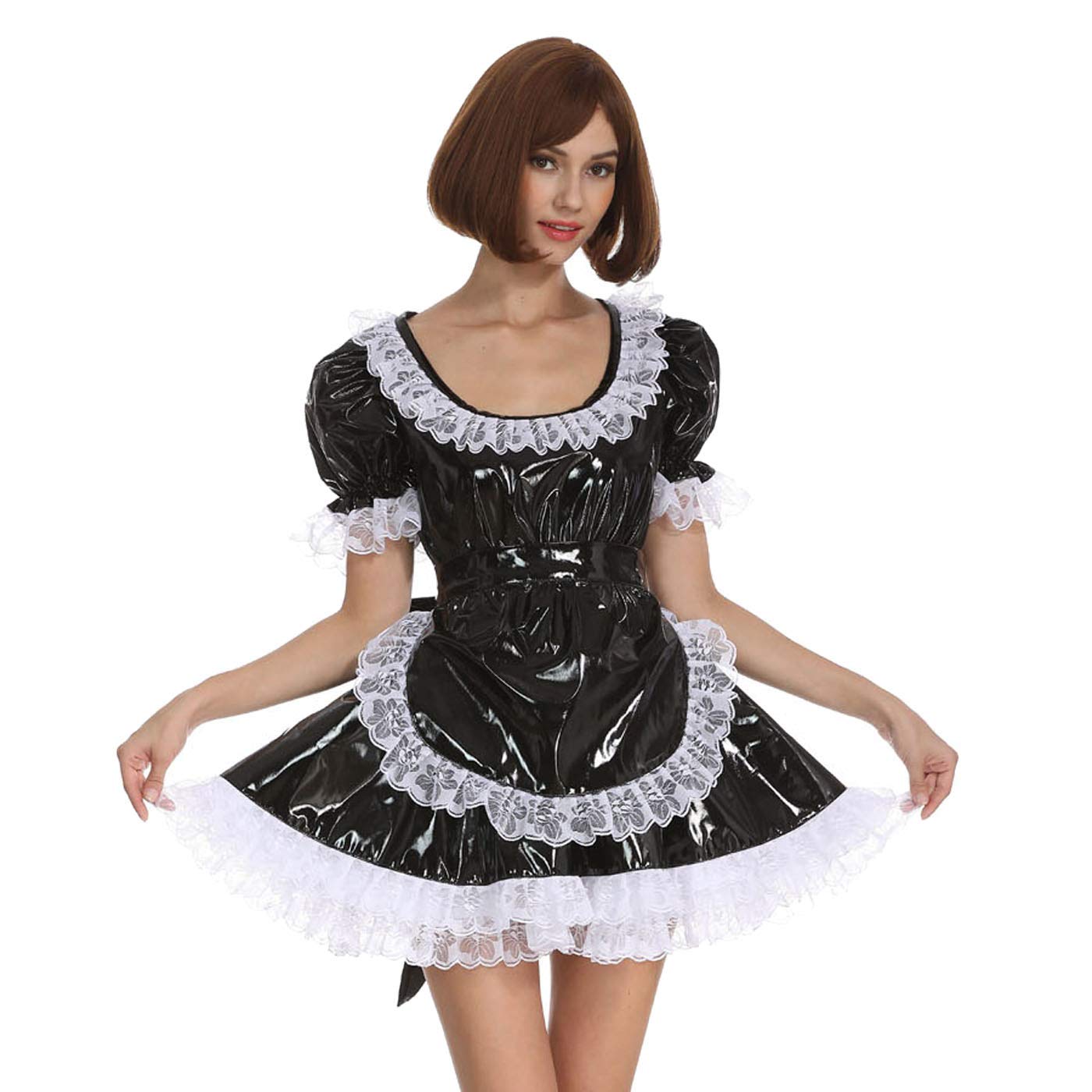 Women's Sissy Round Neck Lace Black PVC Dress with Puff Ball Sleeves - Crossdress Costume for Cosplay, Halloween & Nightclub Outfits
